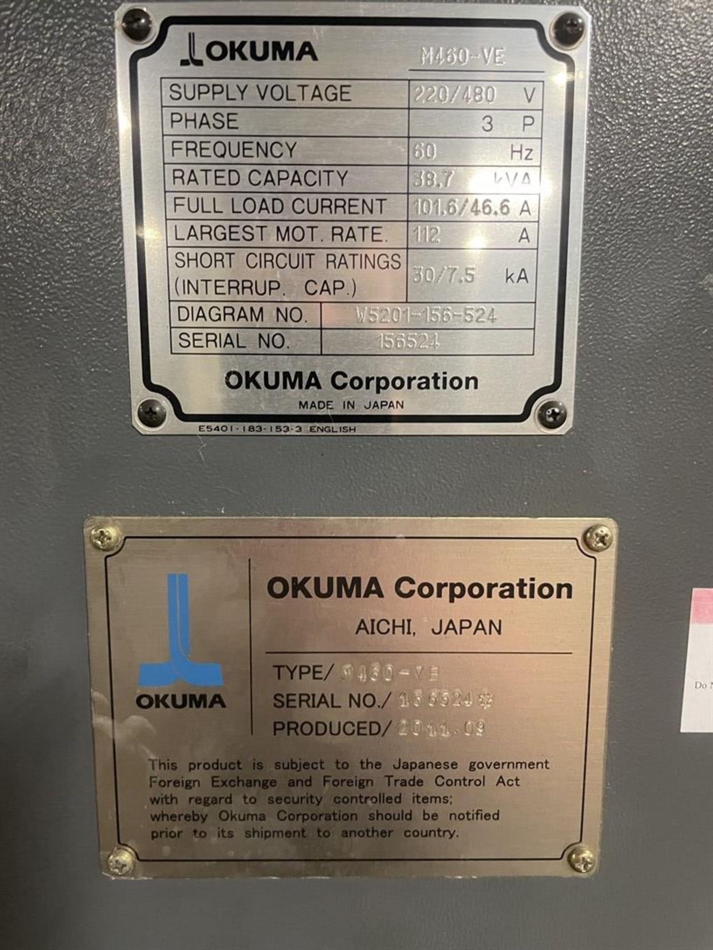 2011 OKUMA Genos M460-VE CNC Vertical Machining Center, s/n 156524, OSP-P200M Control, 18” x 39.3” - Image 4 of 4