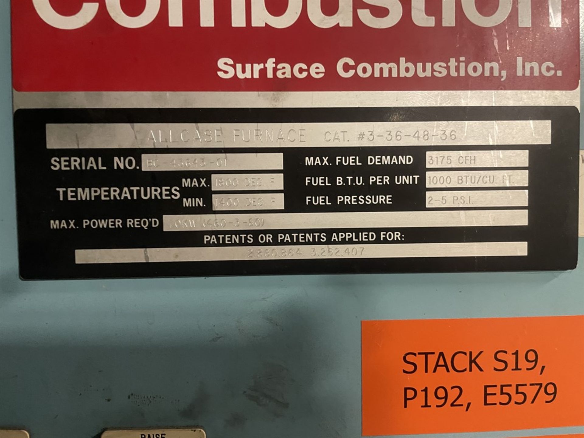 SURFACE COMBUSTION All-Case Furnace, s/n BC-43643-01, 1400-1800 Degree F Temp Range, 3175 CFH Max - Image 5 of 5