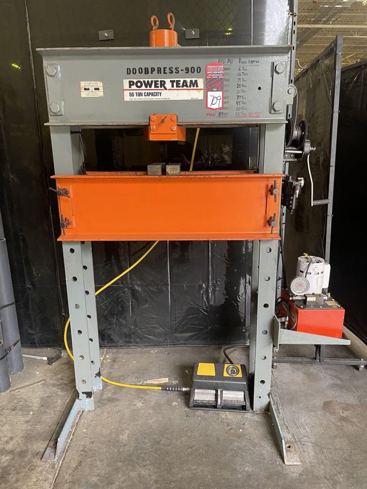 POWERTEAM 55-Ton H-Frame Press, w/ Powerteam Hydraulic Pump and Enerpac Pressure Control