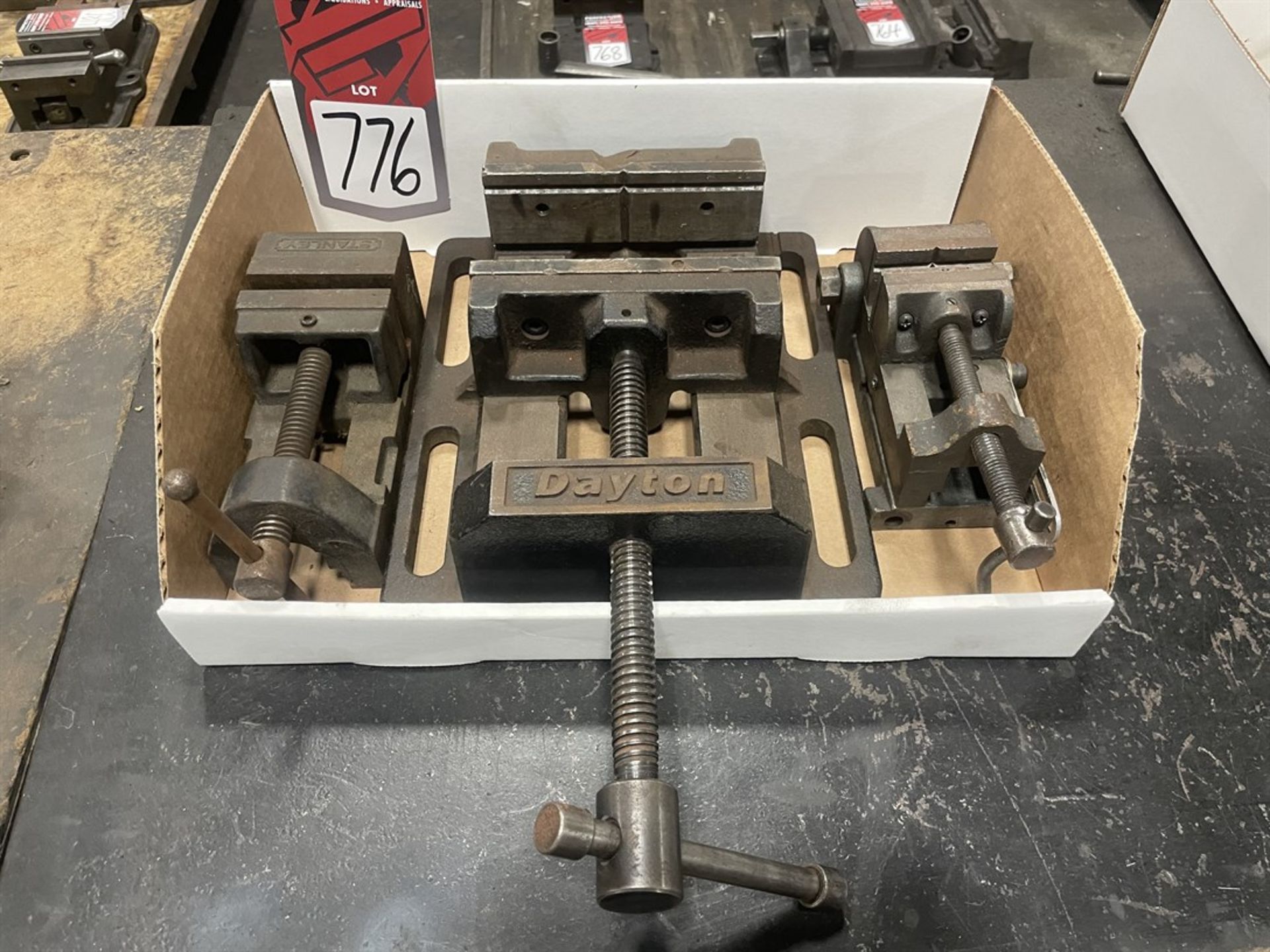 Lot Consisting of (1) DAYTON 6" Drill Press Vise, (1) Stanely 3" Drill Press Vise, Uknown Make 2 1/