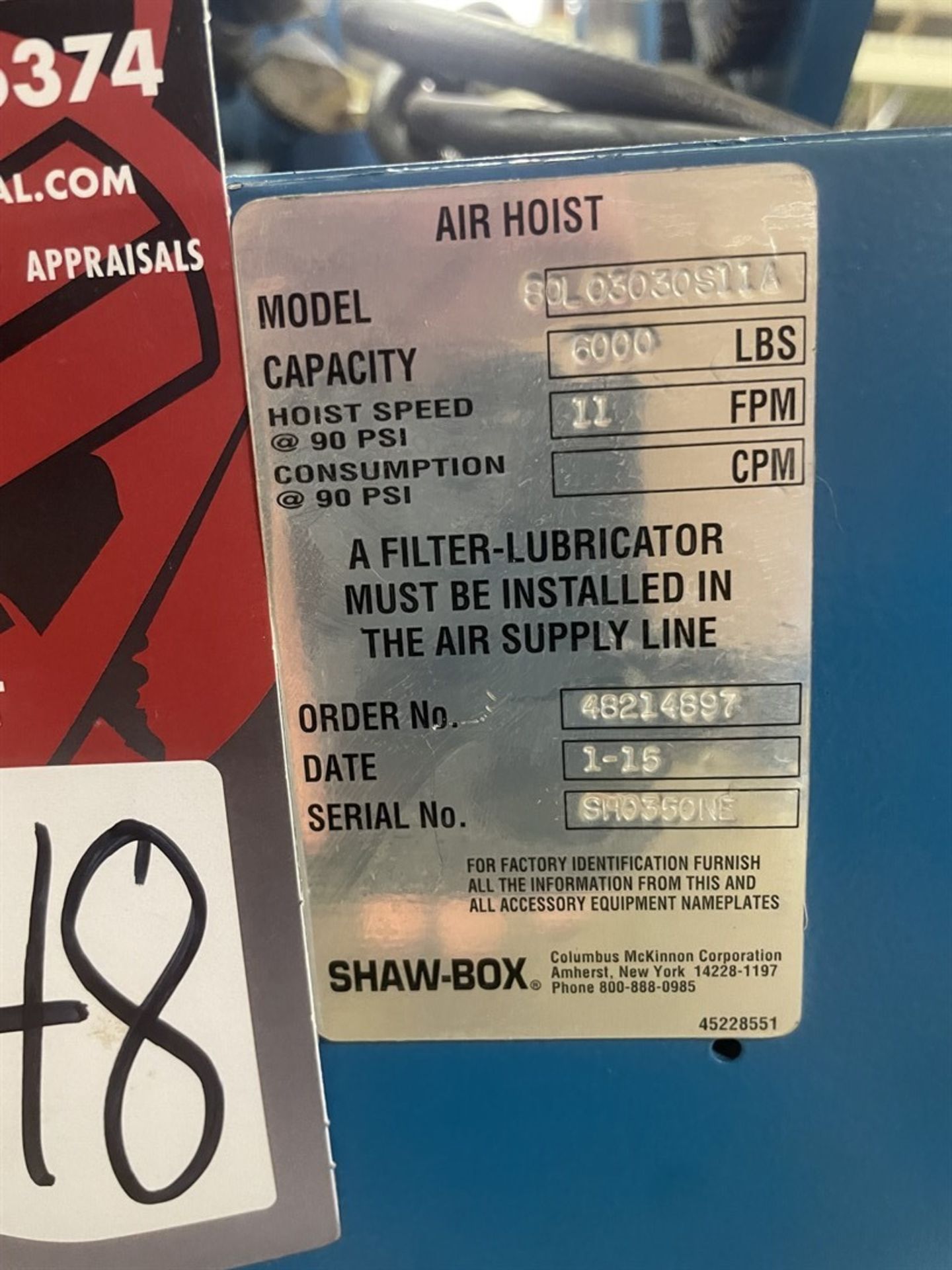 SHAW-BOX 80L03030S11A 3 Ton Air Hoist w/ SHAW-BOX RADT06 Air Motor Trolley - Image 4 of 5