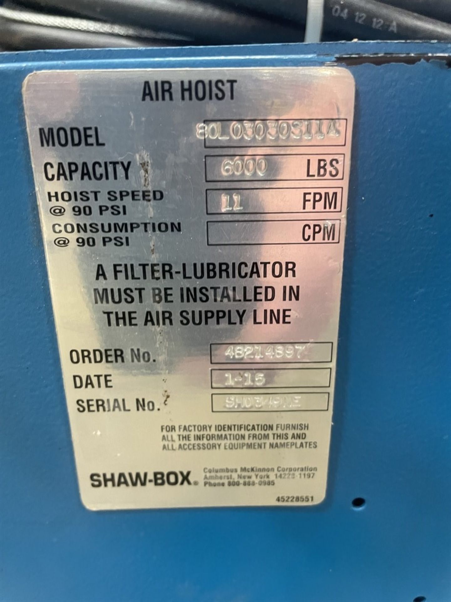 SHAW-BOX 80L03030S11A 3 Ton Air Hoist w/ SHAW-BOX RADT06 Air Motor Trolley - Image 5 of 5