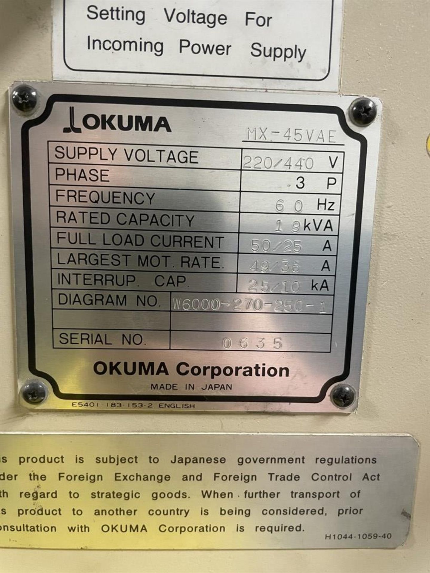 OKUMA MX-45VAE Vertical Machining Center, s/n 0635, w/ OSP-700L Control, (2) 19”x 39.5” Tables, - Image 5 of 7