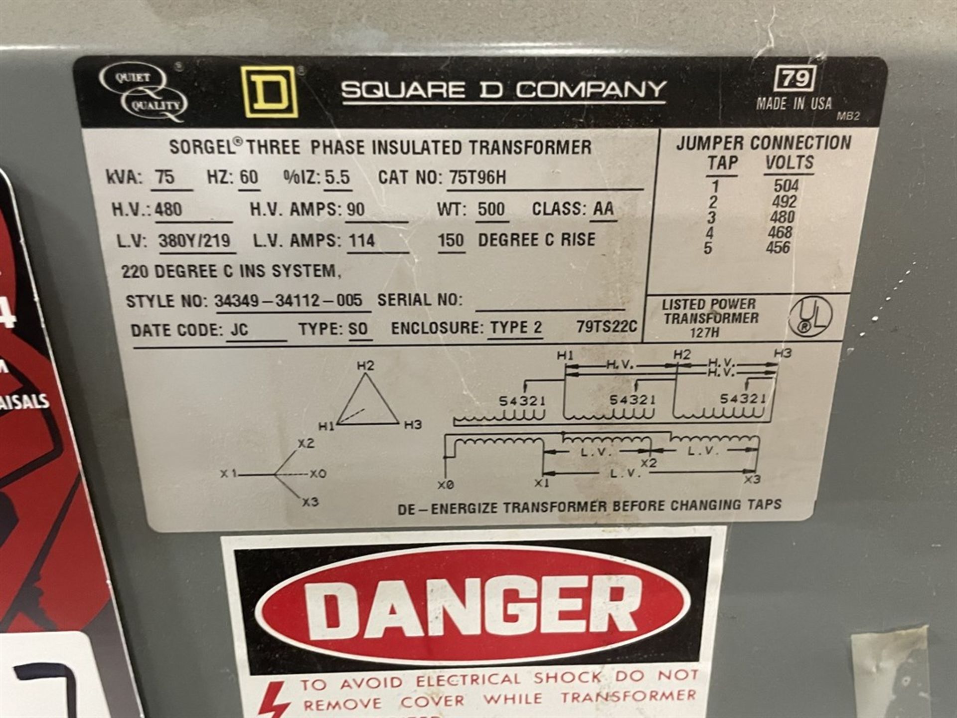 SQUARE D 75 KVA 3 Phase Insulated Transformer - Image 2 of 2