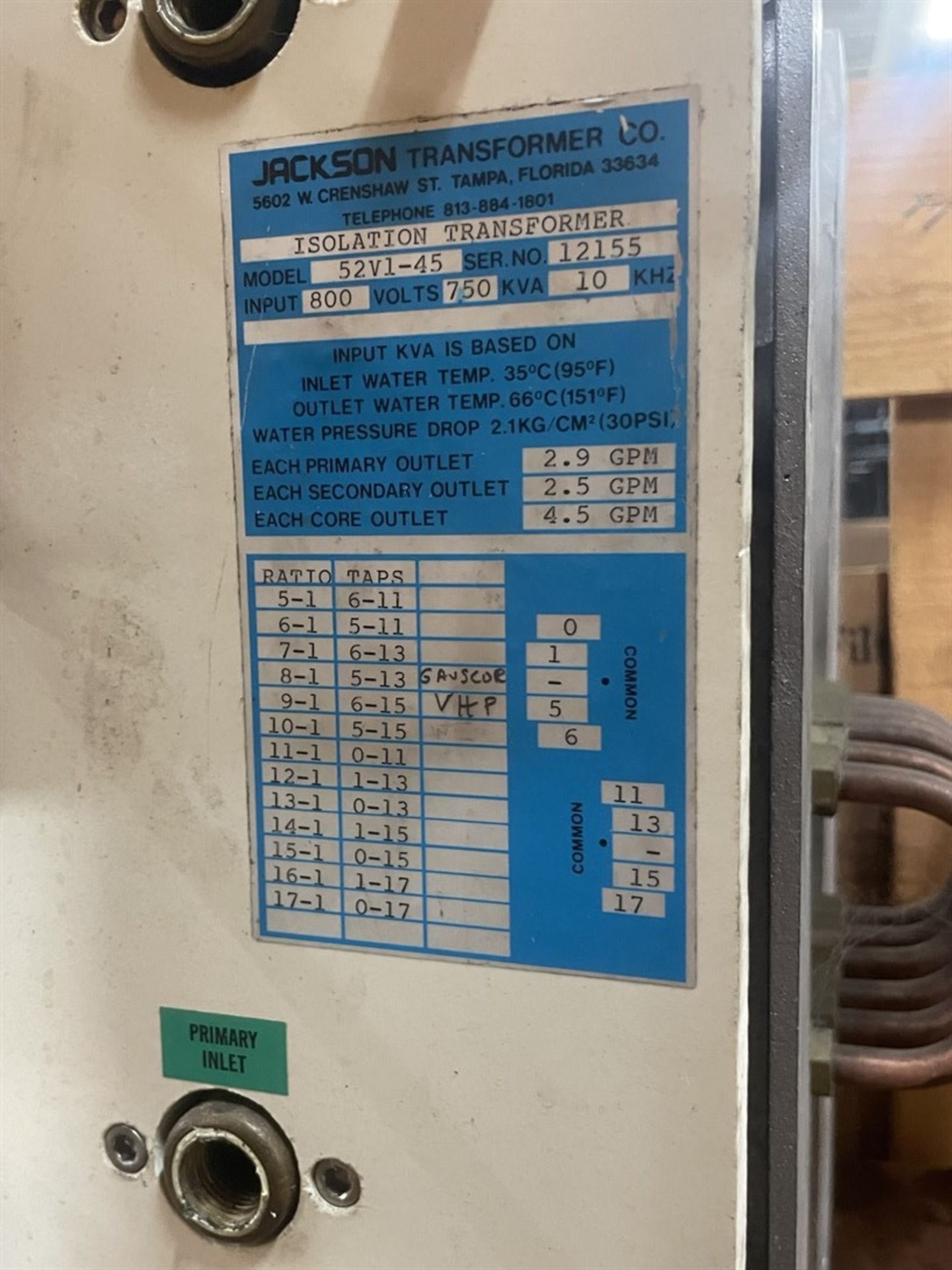 JACKSON 52V1-45 Isolation Transformer, s/n 12155 - Image 4 of 4