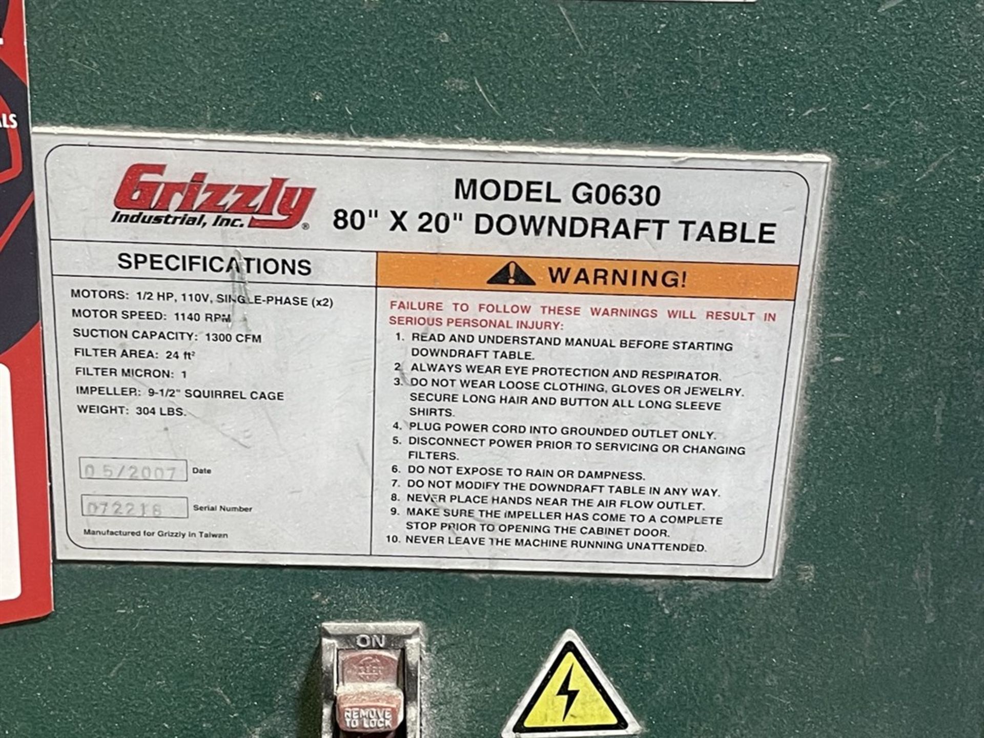 2007 GRIZZLY G0630 Downdraft Table, s/n 072218, 20” x 80” Table, ½ HP, 1140 RPM, 1300 CFM - Image 3 of 3