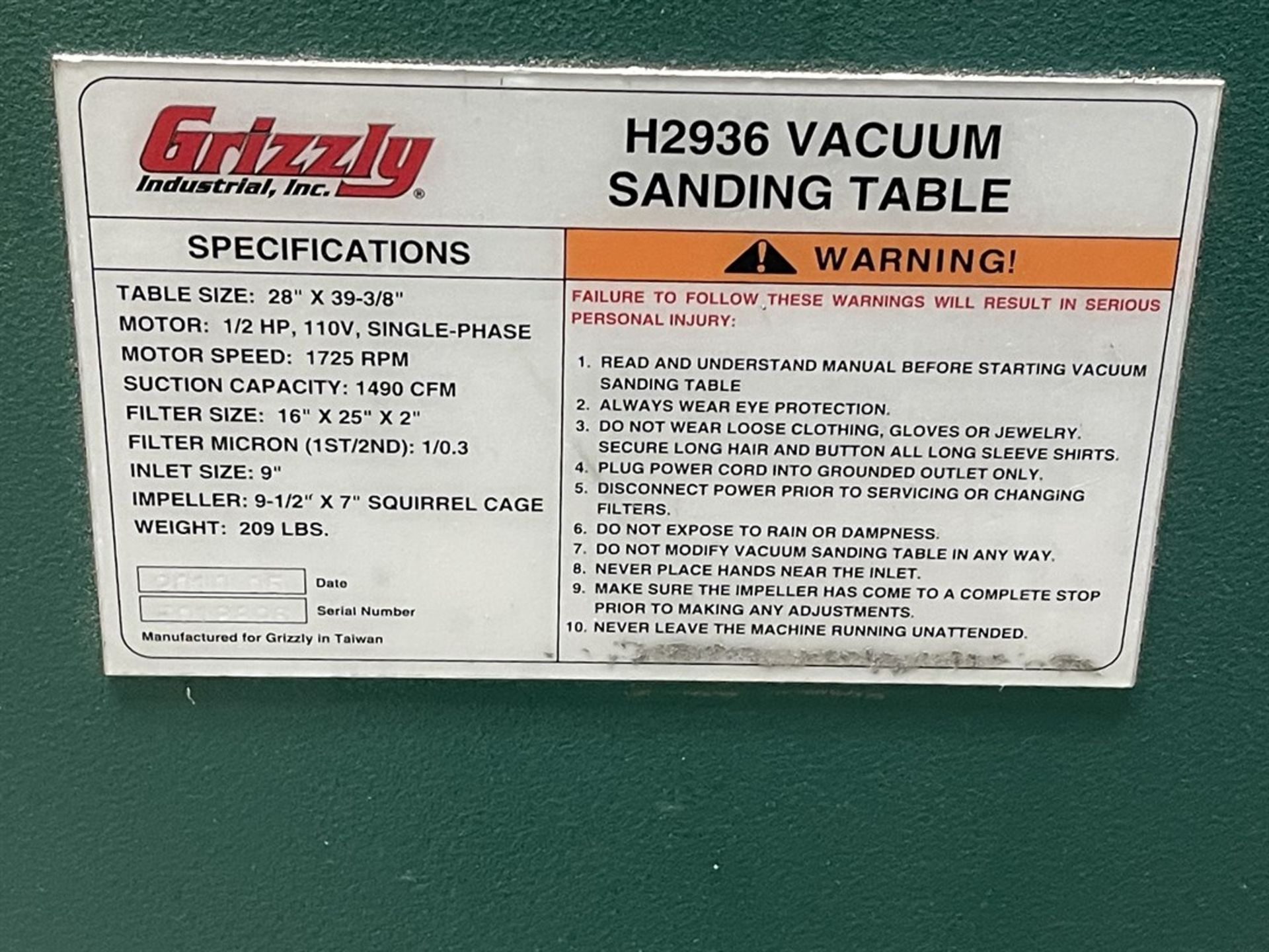 2010 GRIZZLY H2936 Vacuum Sanding Table, s/n E01889, 28” x 39” Table, ½ HP, 1725 RPM, 1490 CFM - Image 3 of 3