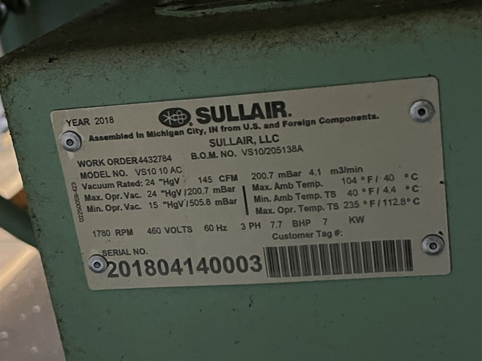 2010 SULLAIR VS-10 Vacuum System, s/n 201804140003 - Image 4 of 5
