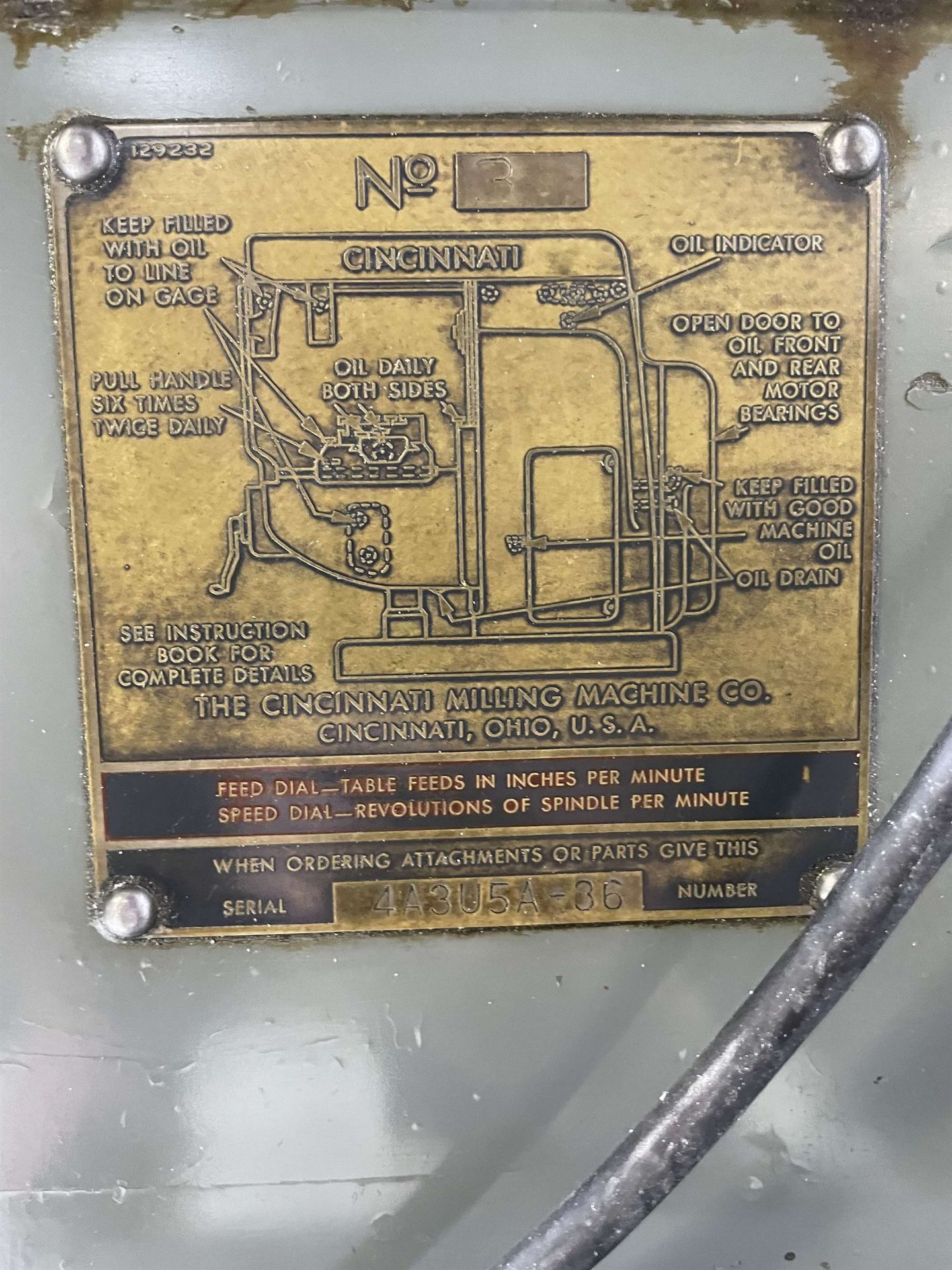 CINCINNATI No. 3 Horizontal Mill, s/n 4A3U5A-36, w/ 15” x 62” Table, 242-2425 RPM (Located at 4200 - Image 5 of 5