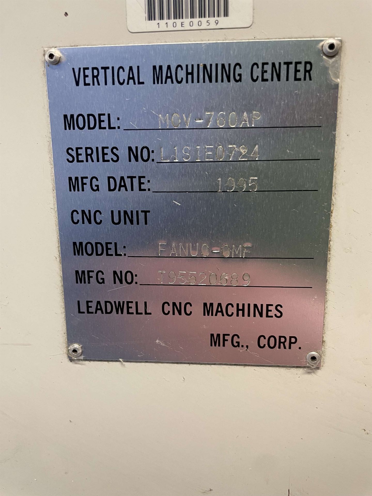 LEADWELL MCV760AP Vertical Machining Center, s/n L1SIE0724, w/ FANUC OMF Control, 20” x 39” Table, - Image 8 of 8