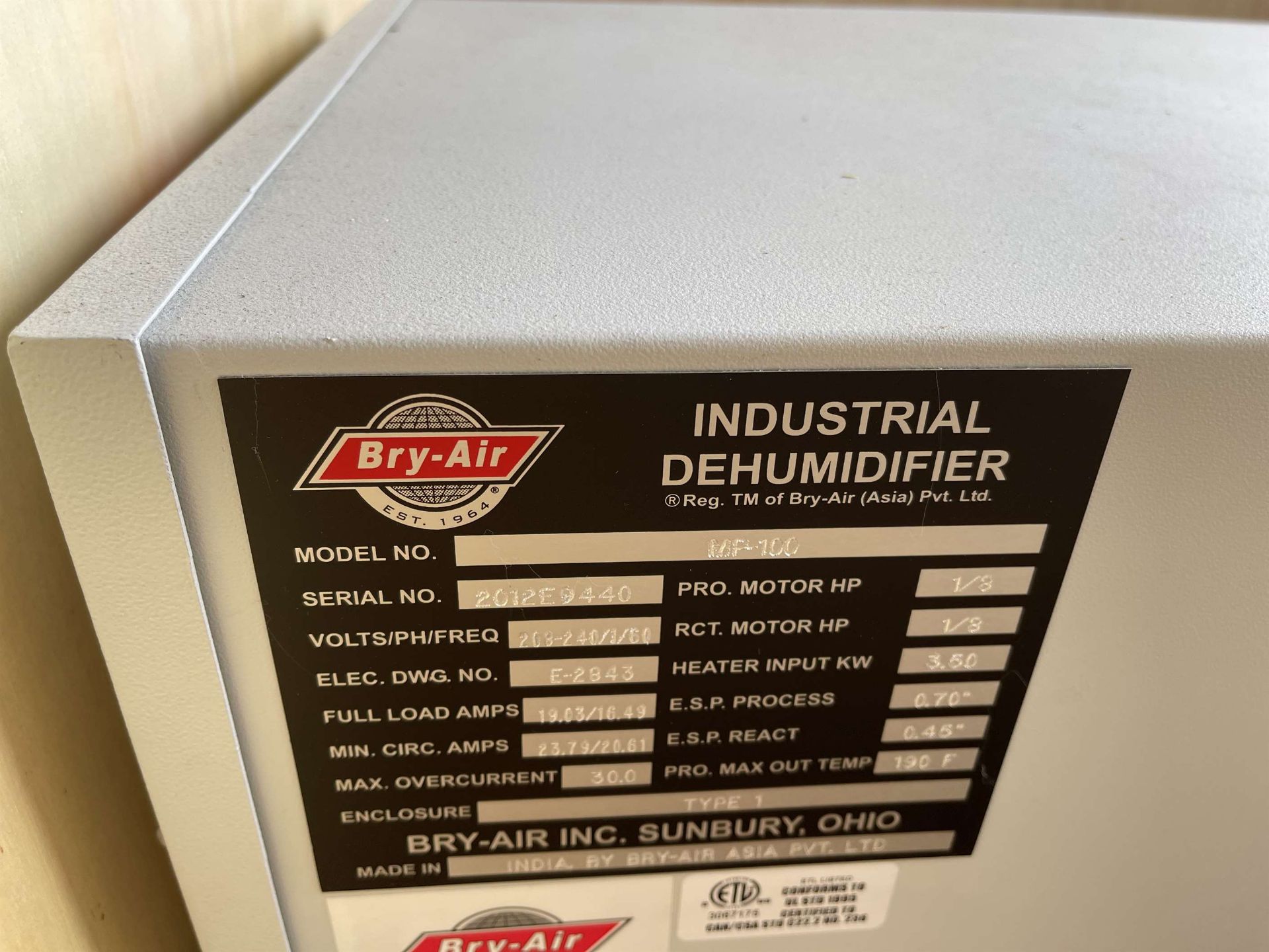 BRY-AIR Mini Pac 100 Industrial Humidifier, s/n 2012E9440, 1/8 HP, 3.5 KW Heater, 190 Degree Pro. - Image 4 of 4