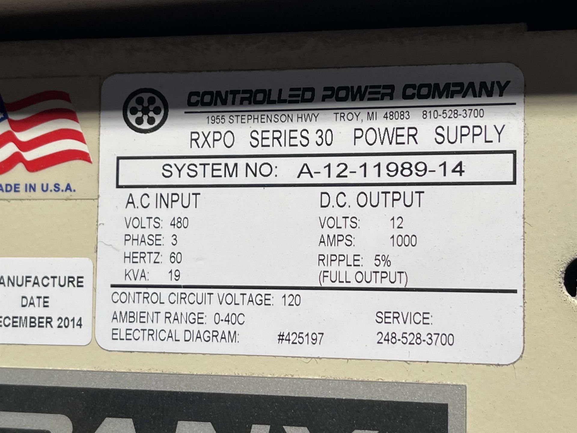 2014 CONTROLLED POWER SYSTEMS RXPO Series 30 Power Supply, s/n A-12-11989-14, 1000 Amp, 12V - Image 3 of 7