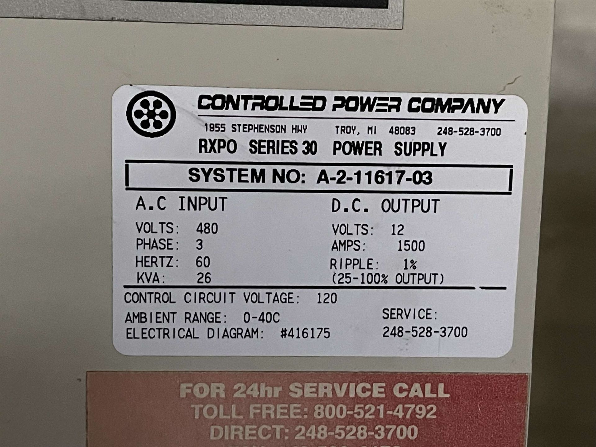 CONTROLLED POWER COMPANY RXPO Series 30 DC Power Supply, s/n A-2-11617-03, 1500 Amp DC Output, 12V - Image 4 of 6