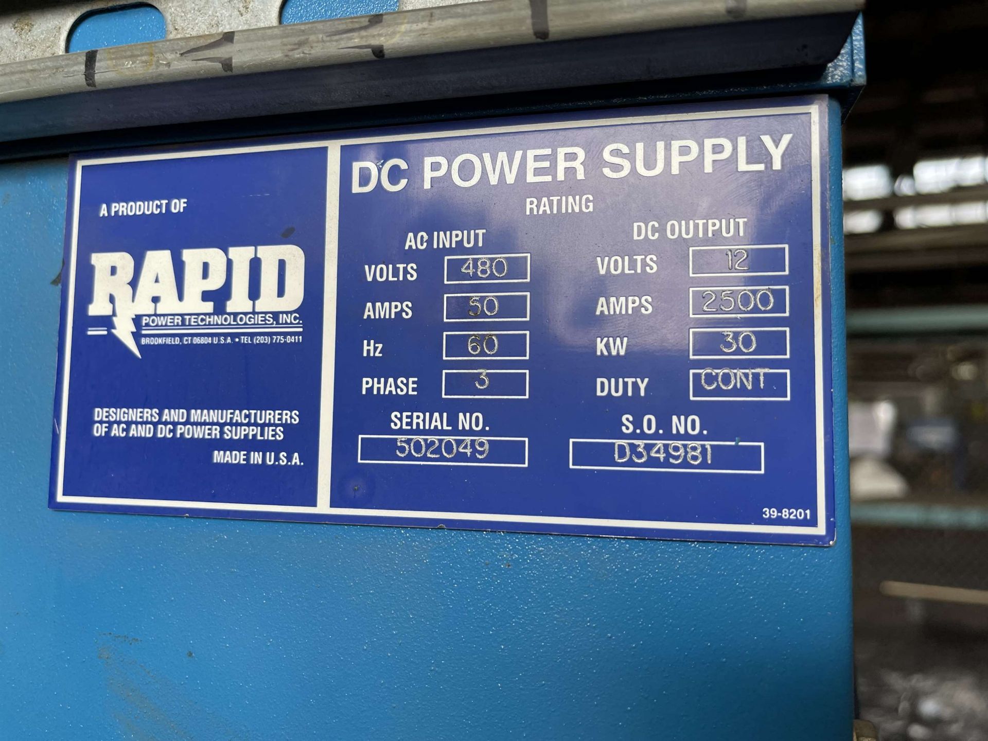 RAPID POWER TECHNOLOGIES 2500 Amp DC Power Supply, s/n 502049, 12V - Image 9 of 9