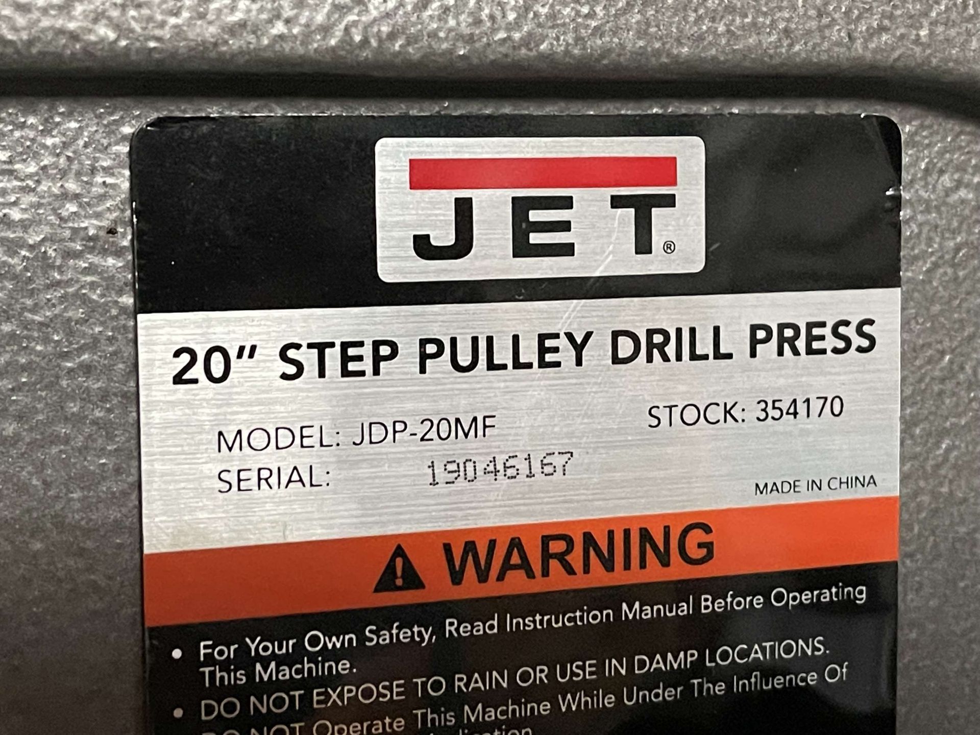 JET JDP-20MF 20" Step Pulley Drill Press, s/n 19046167, 10" Throat, 13-1/4" x 15-3/4" Table - Image 6 of 6