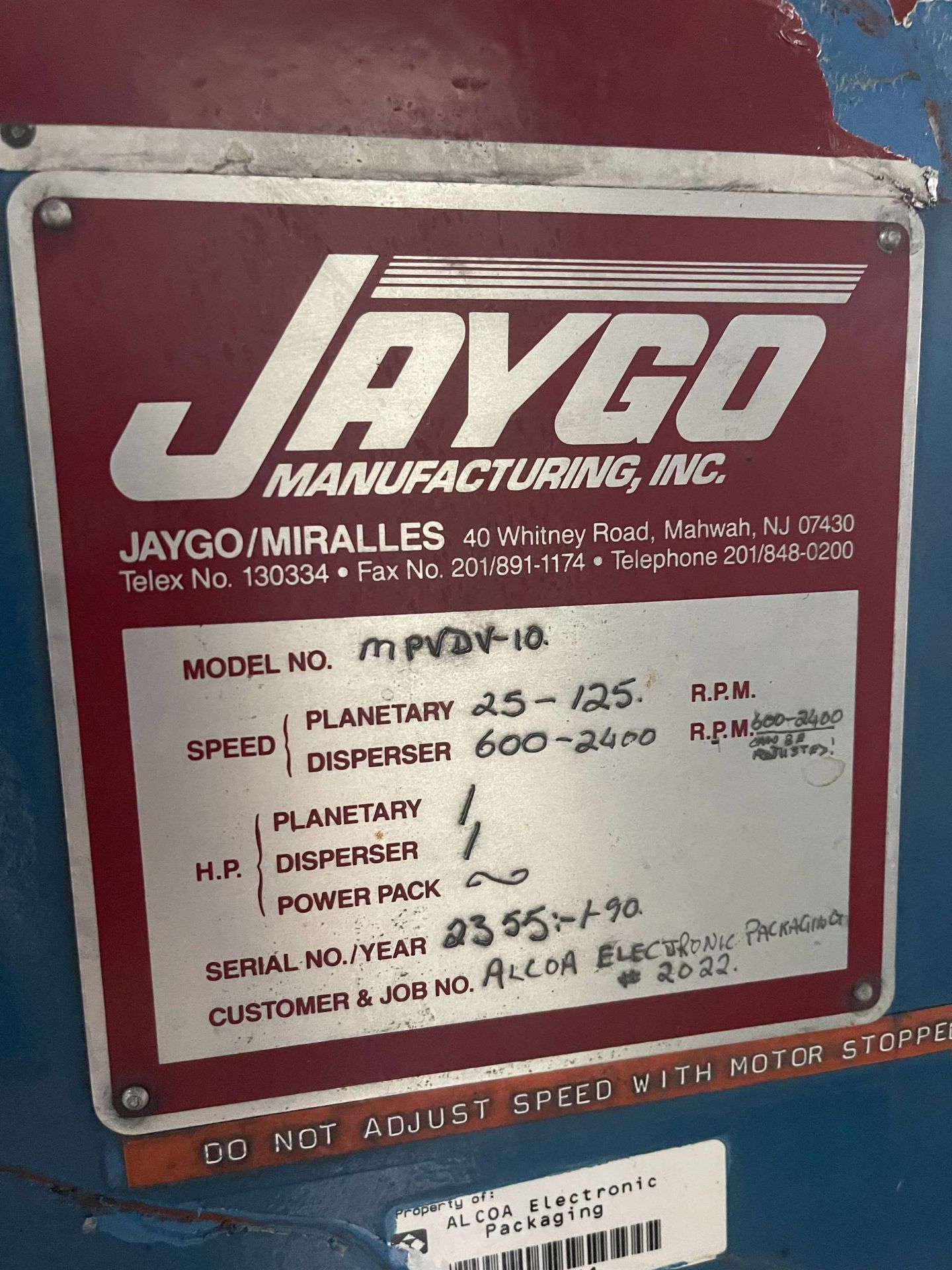 JAYGO MPVDV-10 Mixer, s/n 2355-1-90, 25-125 RPM Planetary, 600-2400 RPM Disperser, 1 HP - Image 5 of 6