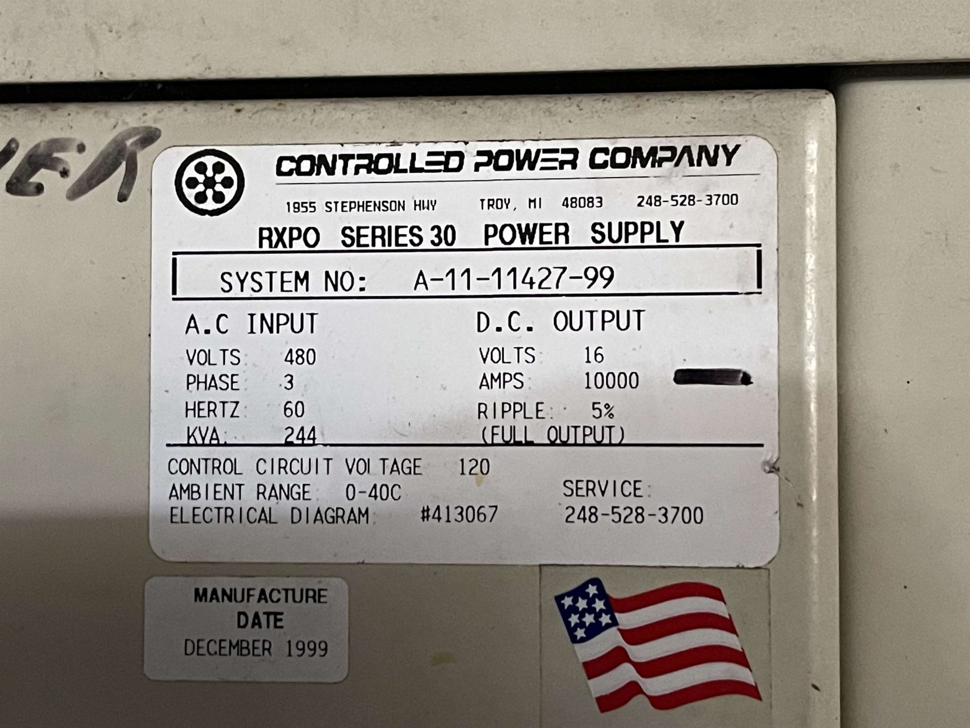 CONTROLLED POWER COMPANY RXPO Series 30 DC Power Supply, s/n A-11-11427-99, 10,000 Amp DC Output, - Image 3 of 5