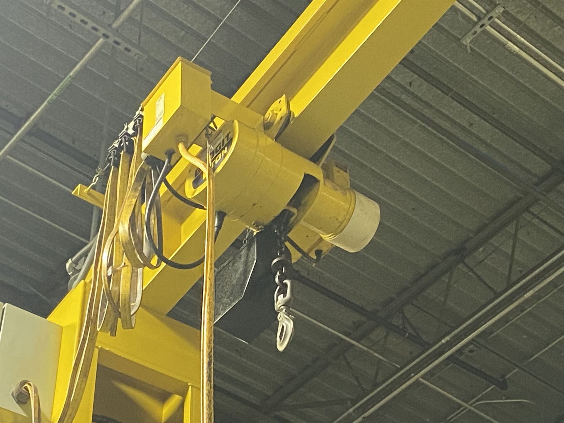 Gorbel 1 Ton Floor Mounted Jib Crane, powered rotation, approx 16' high x 16' reach with Hoist. - Image 2 of 6