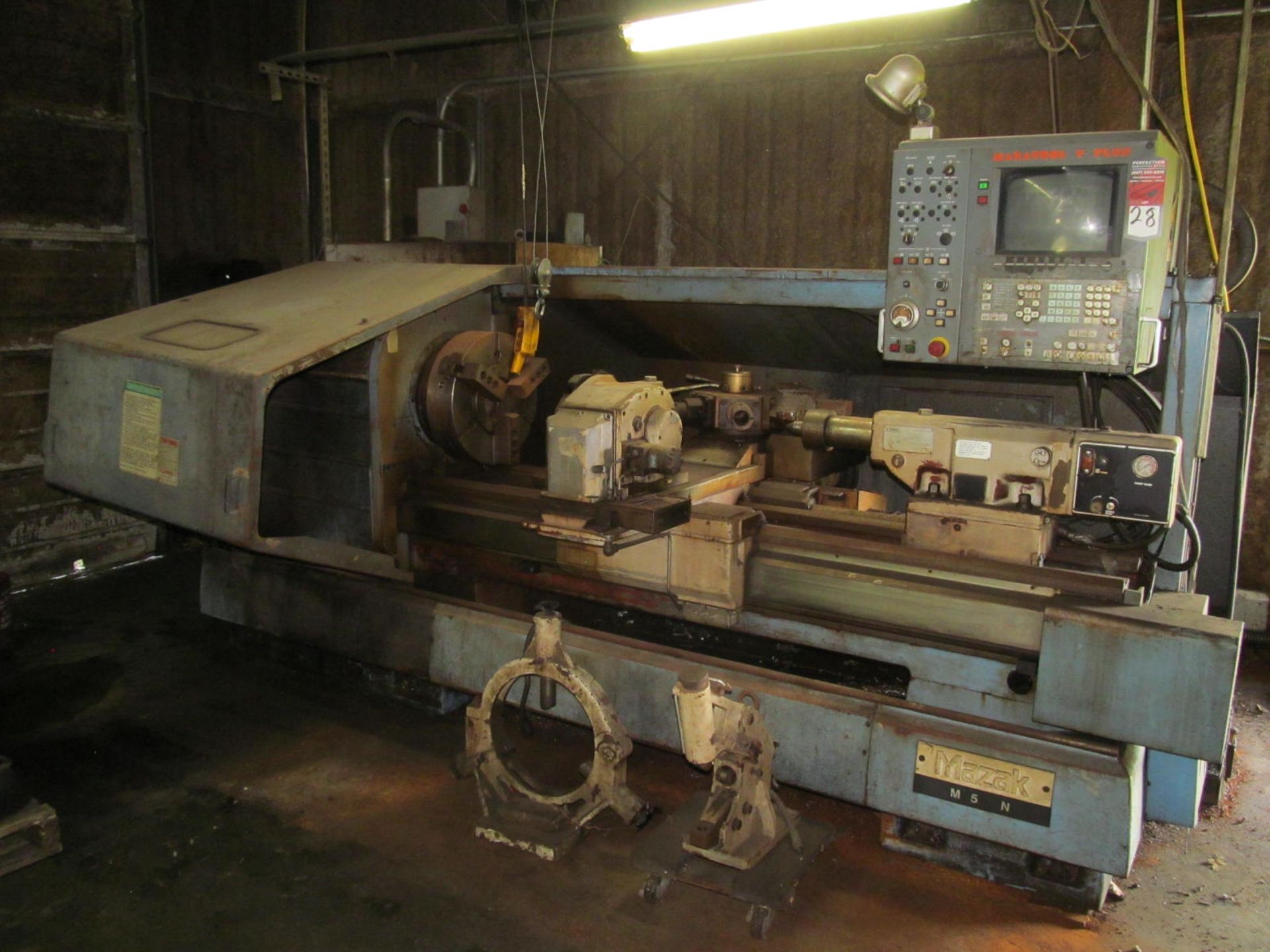 Mazak M5U CNC Lathe, s/n 127810, Mazatrol T plus CNC, 19" 3-Jaw, 66" Ctrs, 6" Hole, Twin Turret,