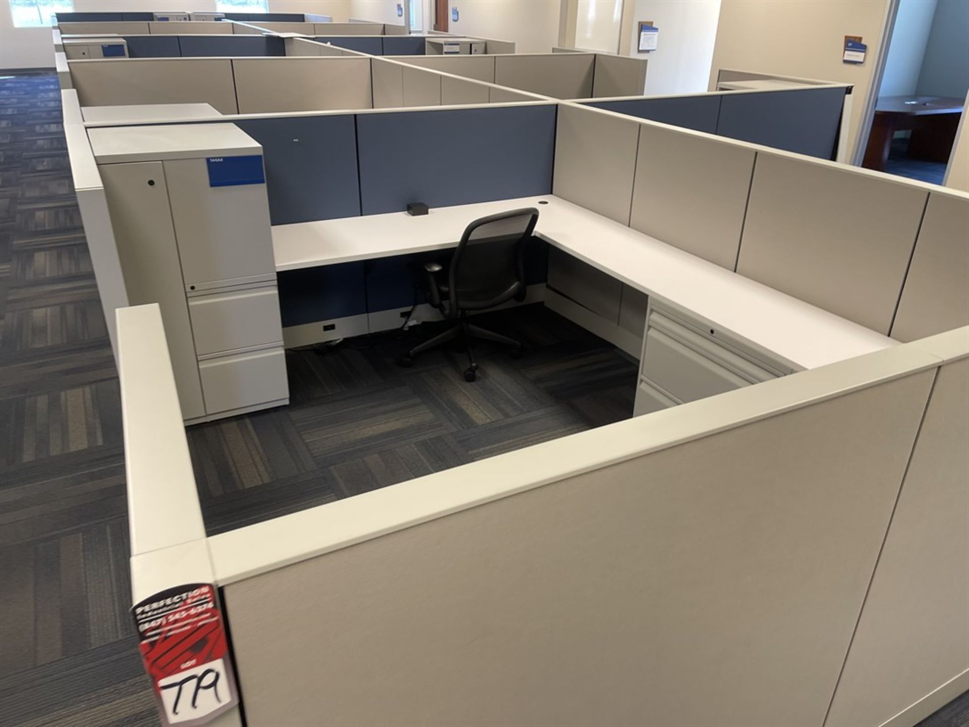 Lot of (9) Cubicles w/ Desk, Chairs, Tables and Cabinets - Image 2 of 6