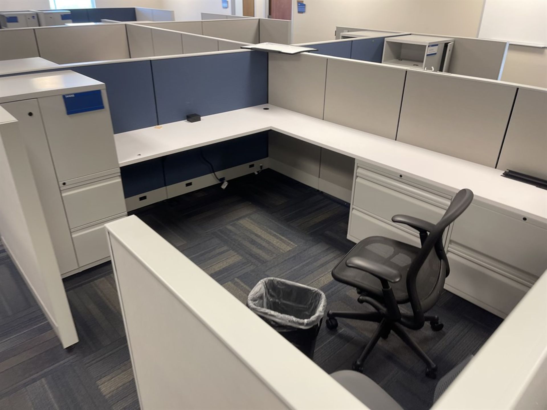 Lot of (9) Cubicles w/ Desk, Chairs, Tables and Cabinets - Image 3 of 6