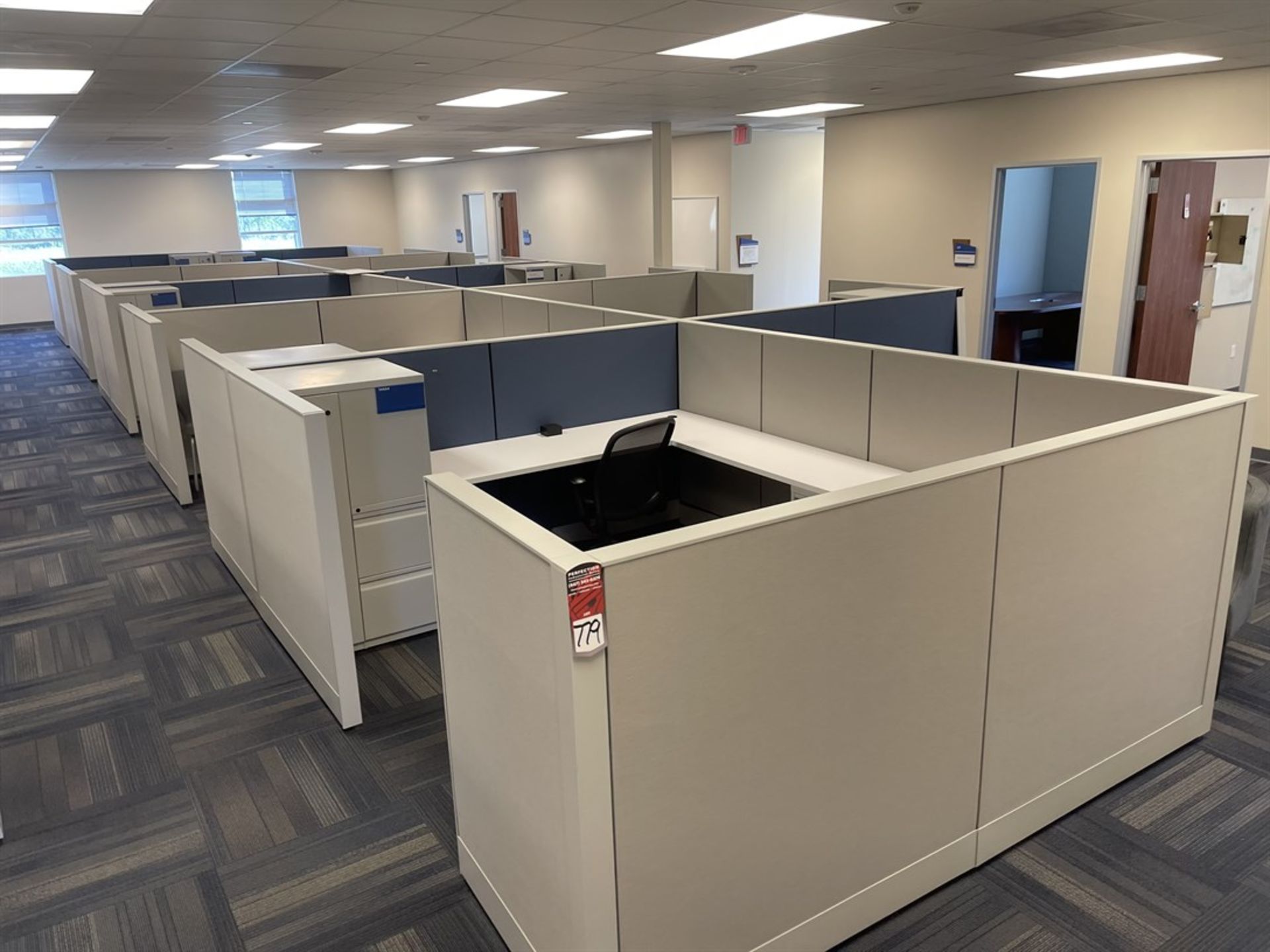 Lot of (9) Cubicles w/ Desk, Chairs, Tables and Cabinets