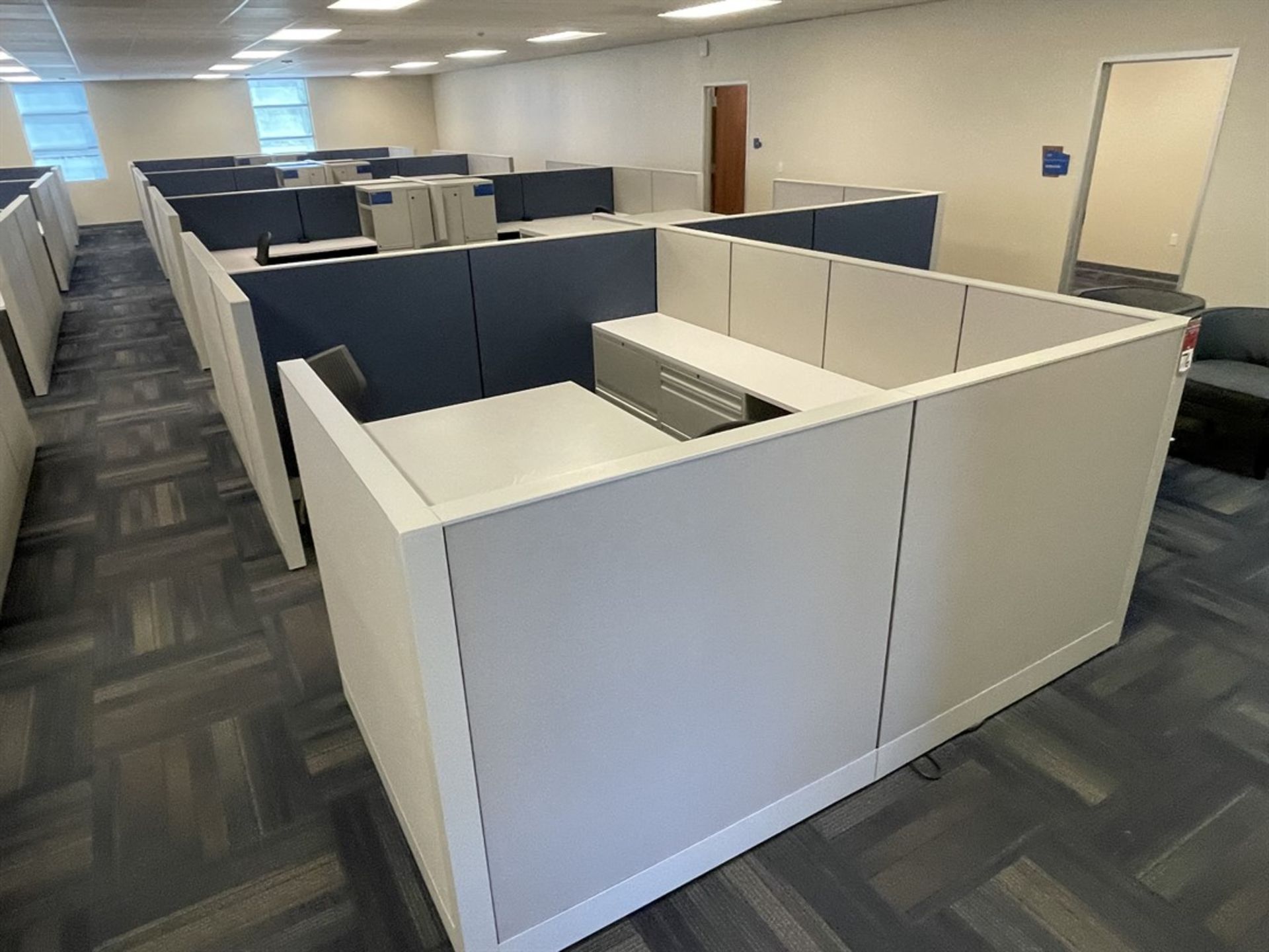 Lot of (11) Cubicles w/ Desk, Chairs, Tables and Cabinets