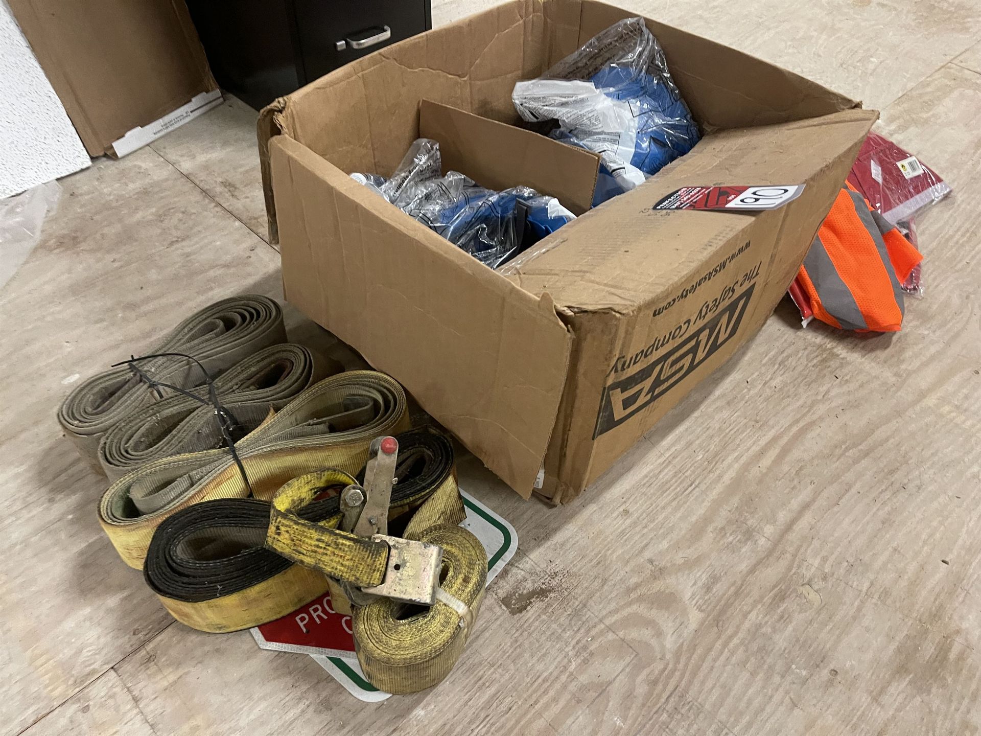Lot Comprising Hard Hats, Work Vests, and Nylon Straps