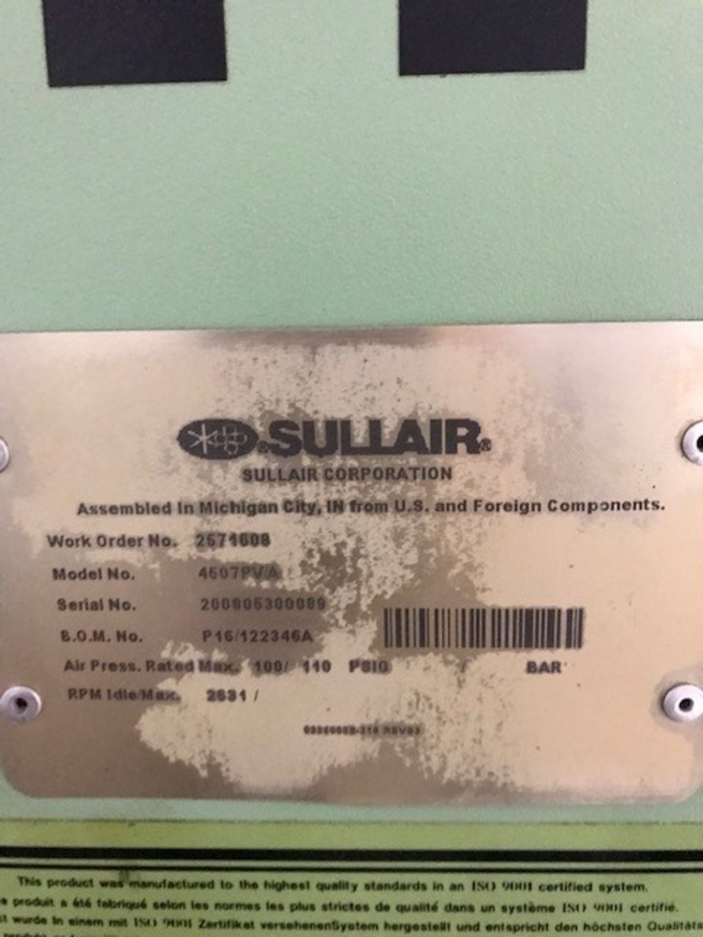 SULLAIR 4500P Rotary Screw Type Air Compressor, s/n 200805300089 - Image 2 of 2