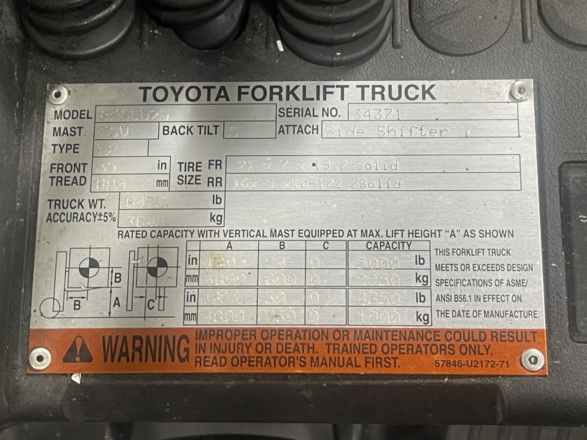 TOYOTA 8FGCU25 LP Forklift, s/n 34371, 5000 Lb. Capacity - Image 7 of 8