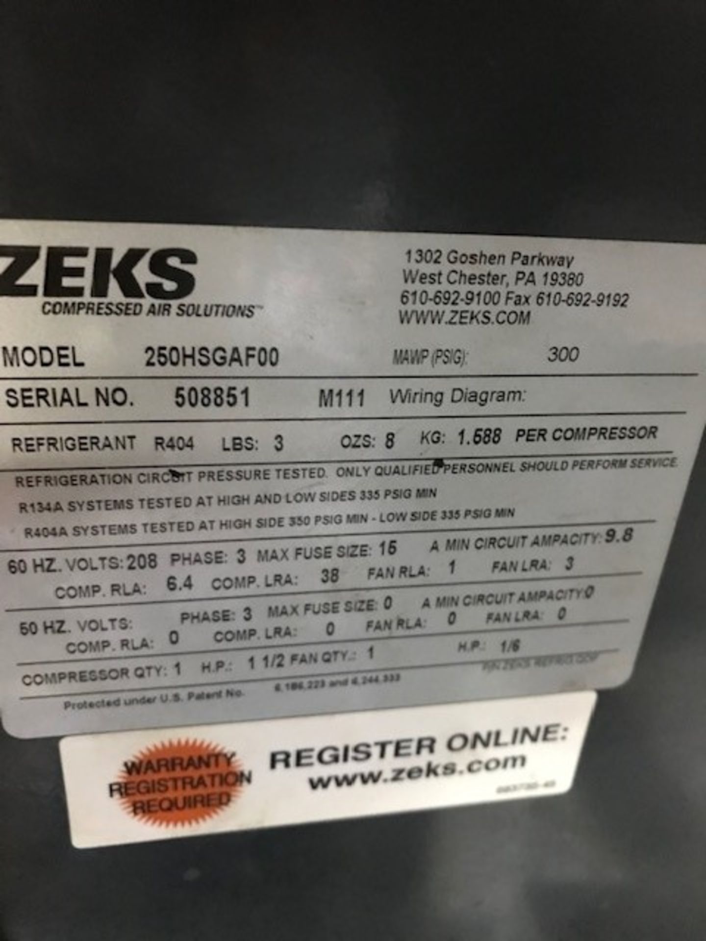 ZEKS HeatSink CFX 250HSGAF00 Air Dryer, s/n 508851, 1 HP - Image 2 of 2