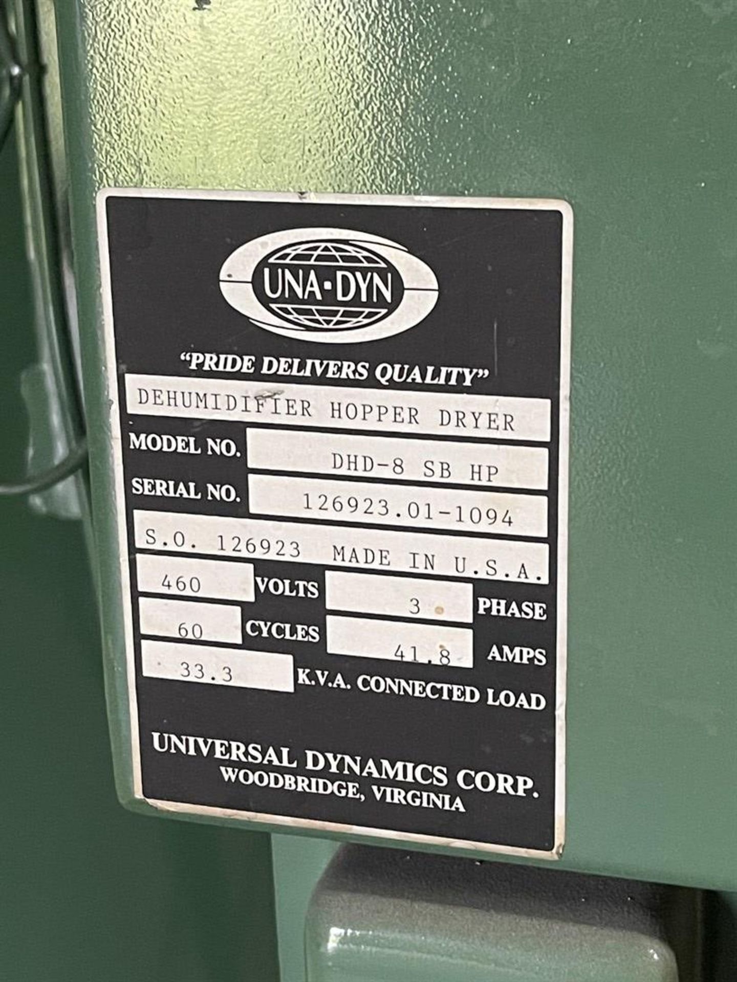 UNA-DYN DHD-8 SB HP Dehumidifier Hopper Dryer, s/n 126923.01-1094 - Image 4 of 4