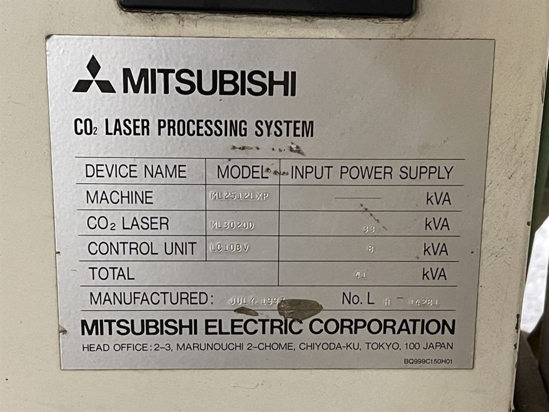 MITSUBISHI ML2512LXP CO2 Laser, s/n LH-14281, Mitsubishi LC10BV Control, w/ ML3020D 3 KW - Image 9 of 11