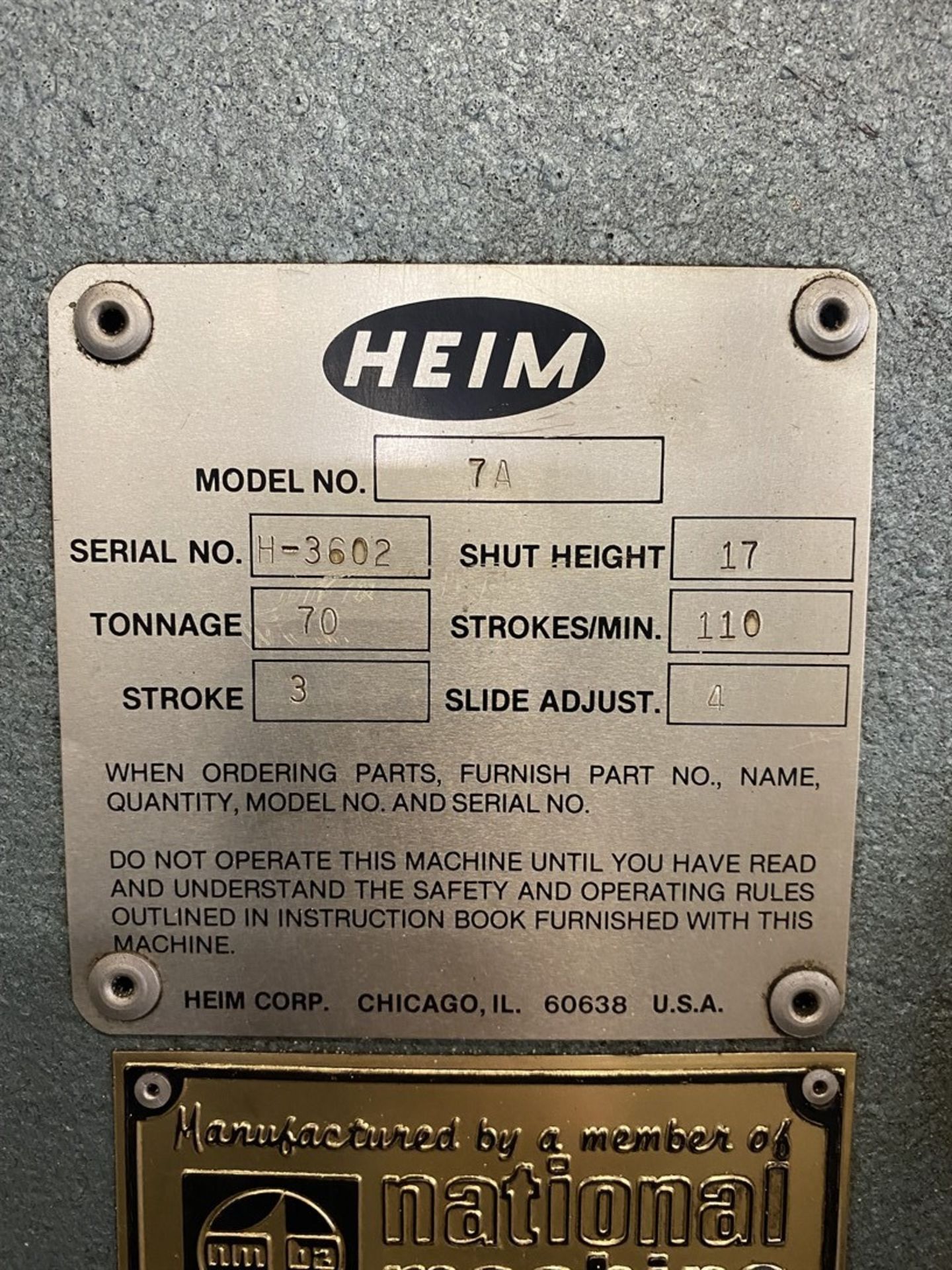 HEIM 7A OBI Press, s/n H3602, 70 Ton Capacity, 3” Stroke, 110 SPM, 20” x 32” Table, 6” x 12” Hole in - Image 3 of 6