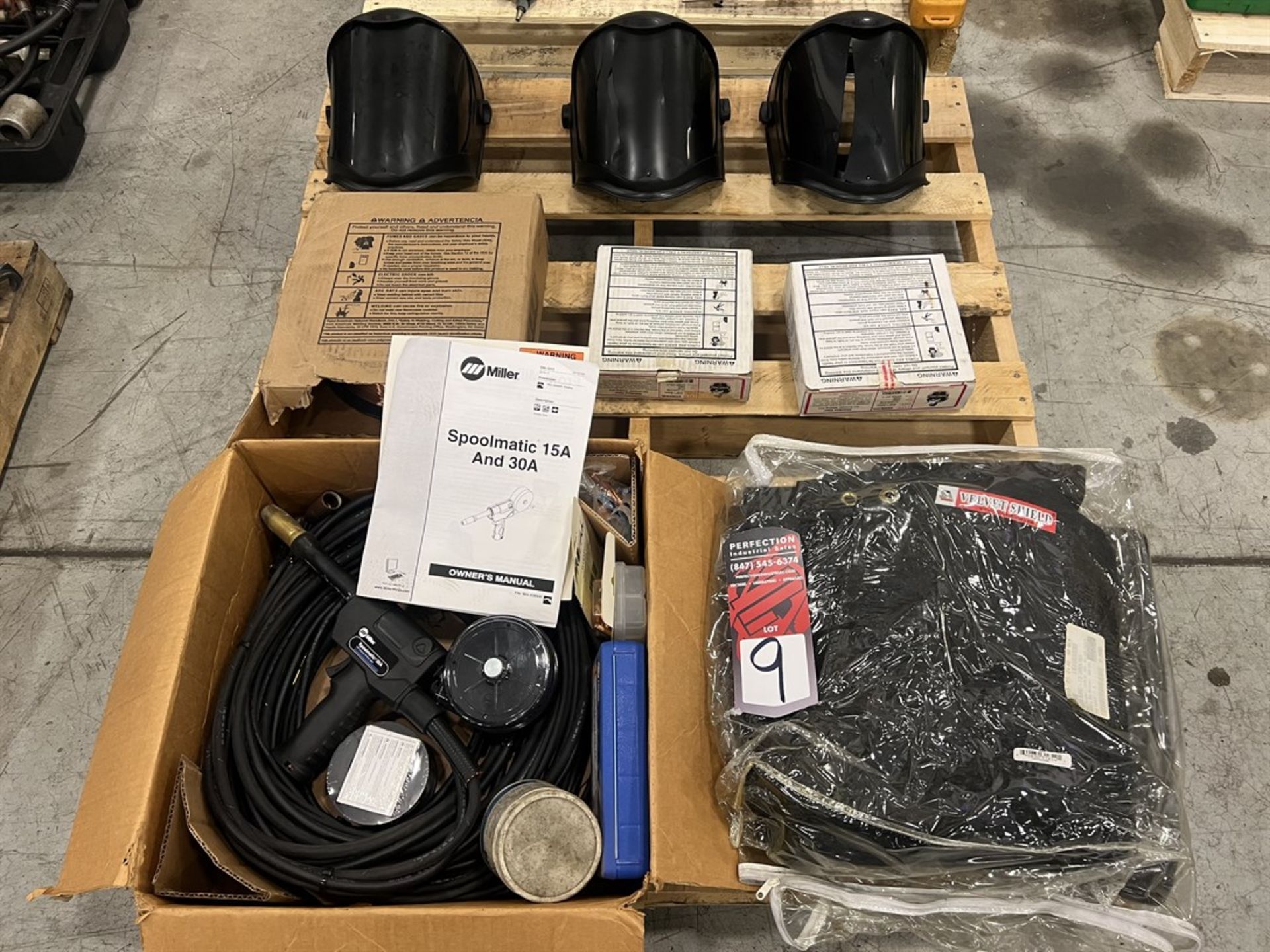 Lot of Welding Equipment Including MILLER Spoolmatic 30 Amp MIG Gun, Face Shields, Welding