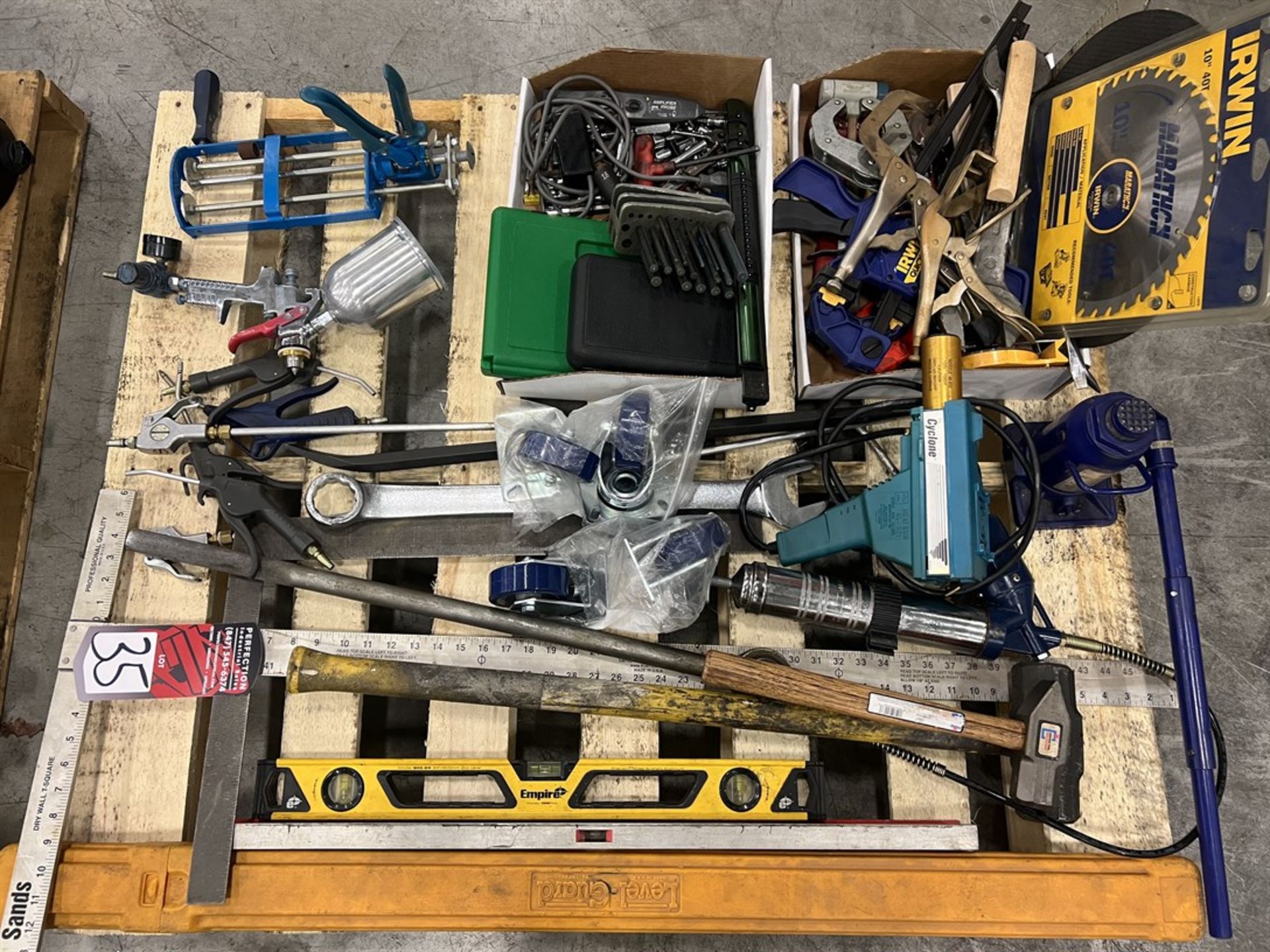 Lot of Assorted Hand Tools Including Clamps, Levels, Sockets, Sprayers, Heat Gun, Air Guns, and - Image 2 of 2