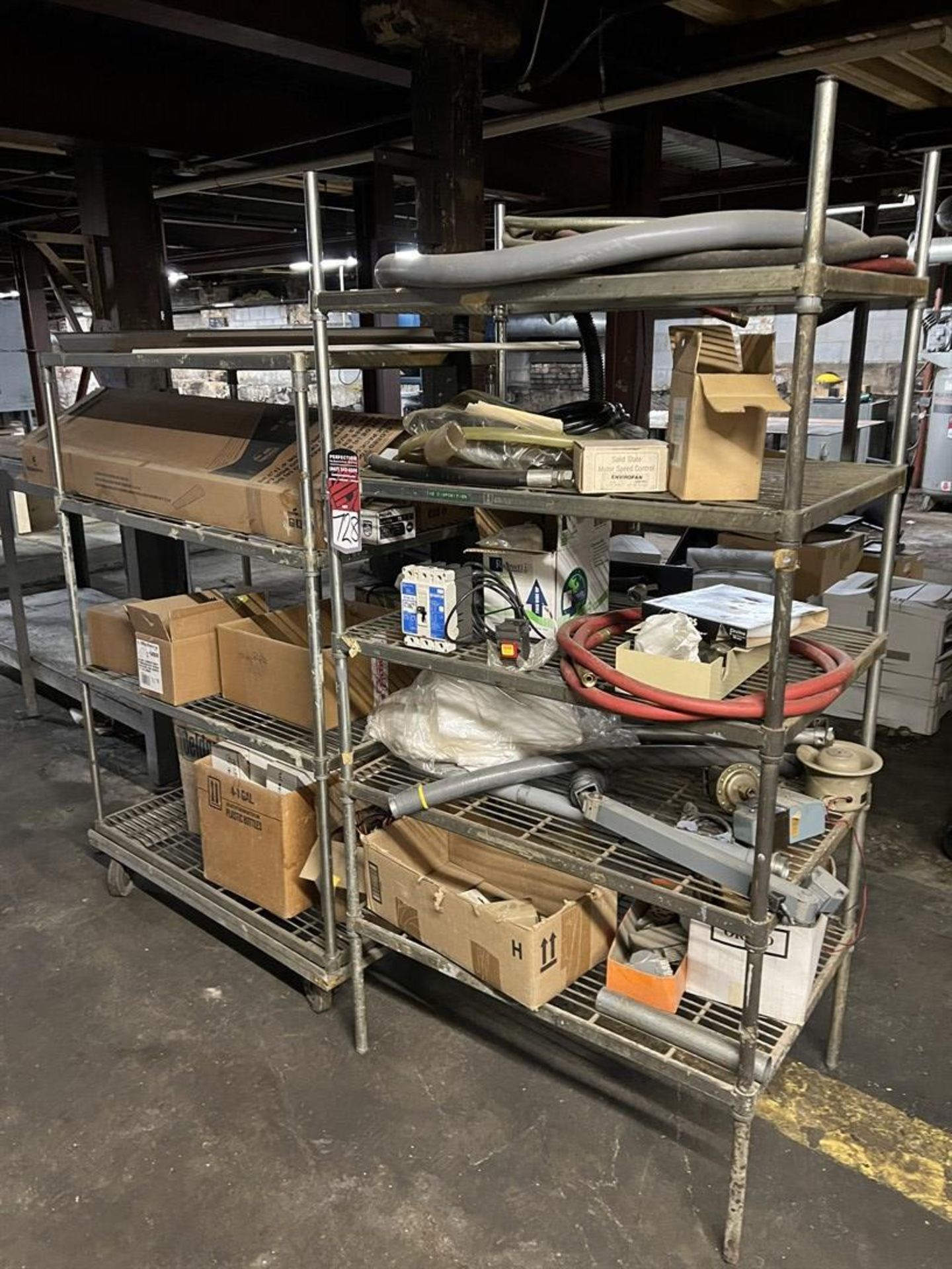 Lot of (2) Shelving Units w/ Lights, Speed Control, Hose, and Circuit Breaker