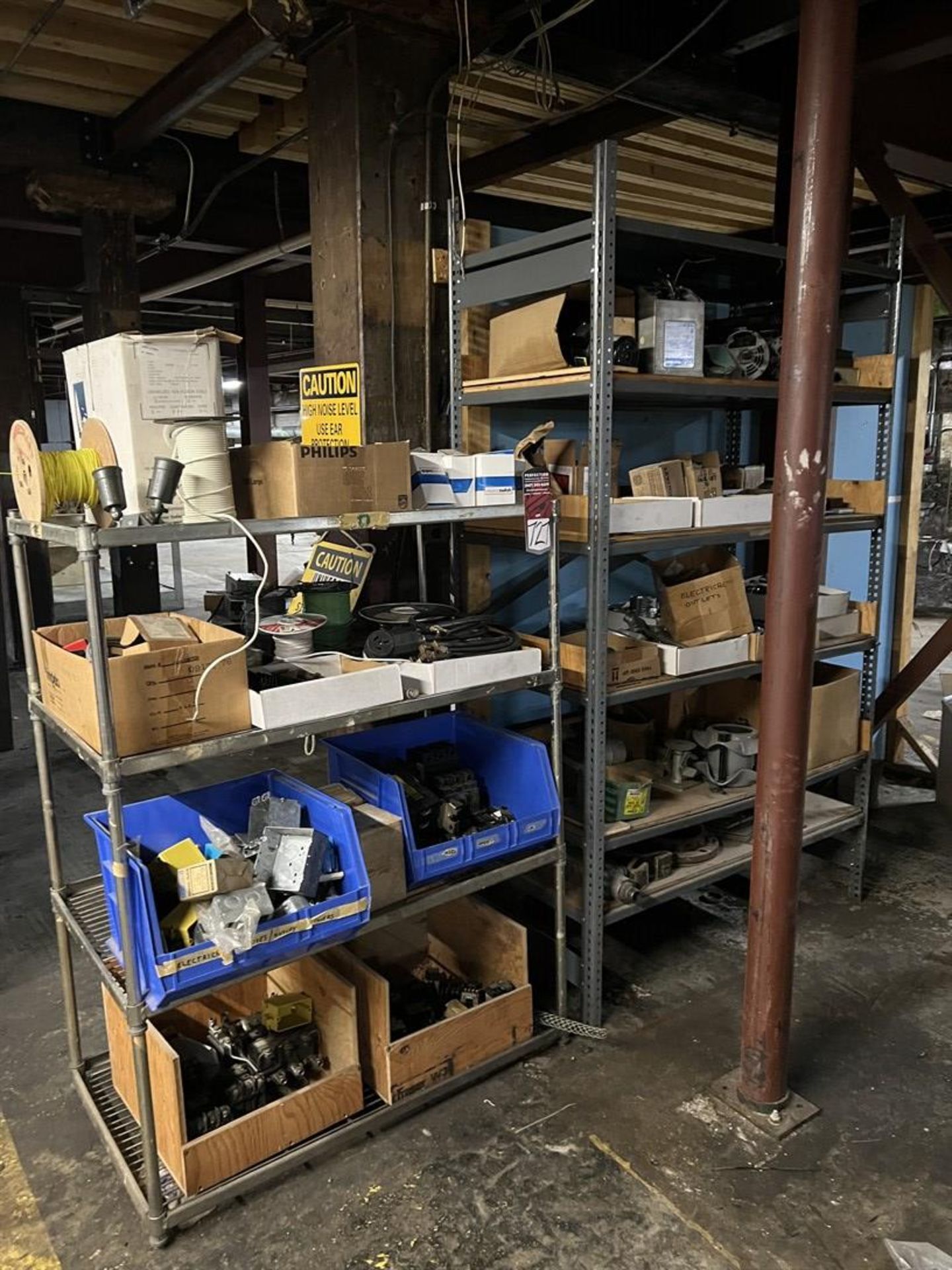 Lot of (2) Shelving Units w/ Assorted Electrical Supplies Including Fuses, Boxes, Motors, and