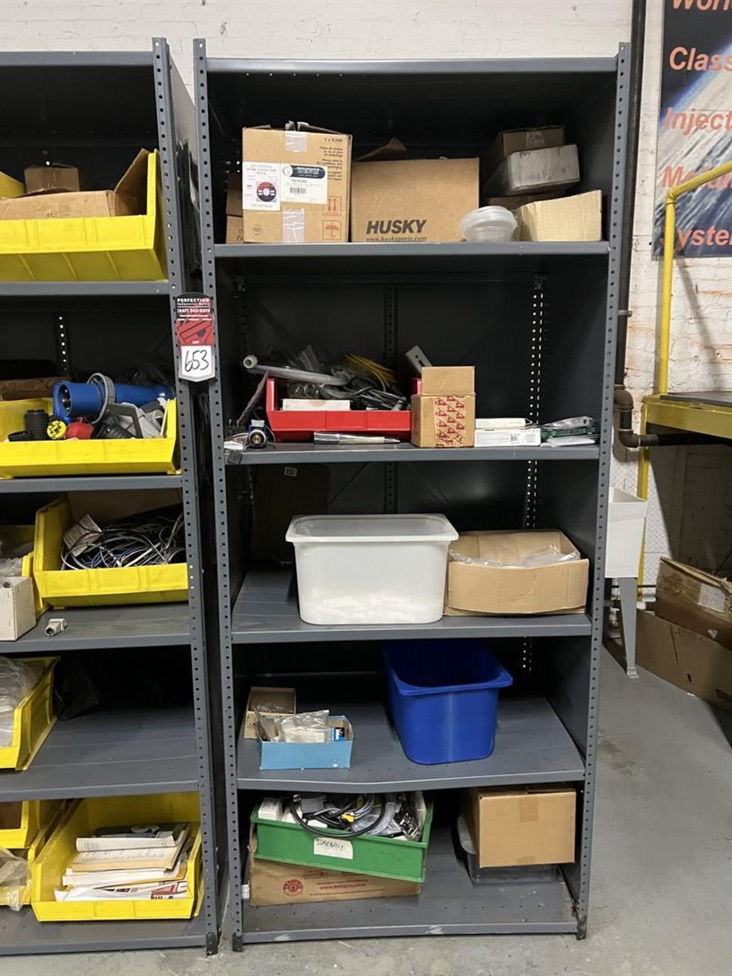 Lot of (2) Shop Shelving Units w/ Assorted Electrical Plugs and Cables - Image 3 of 5