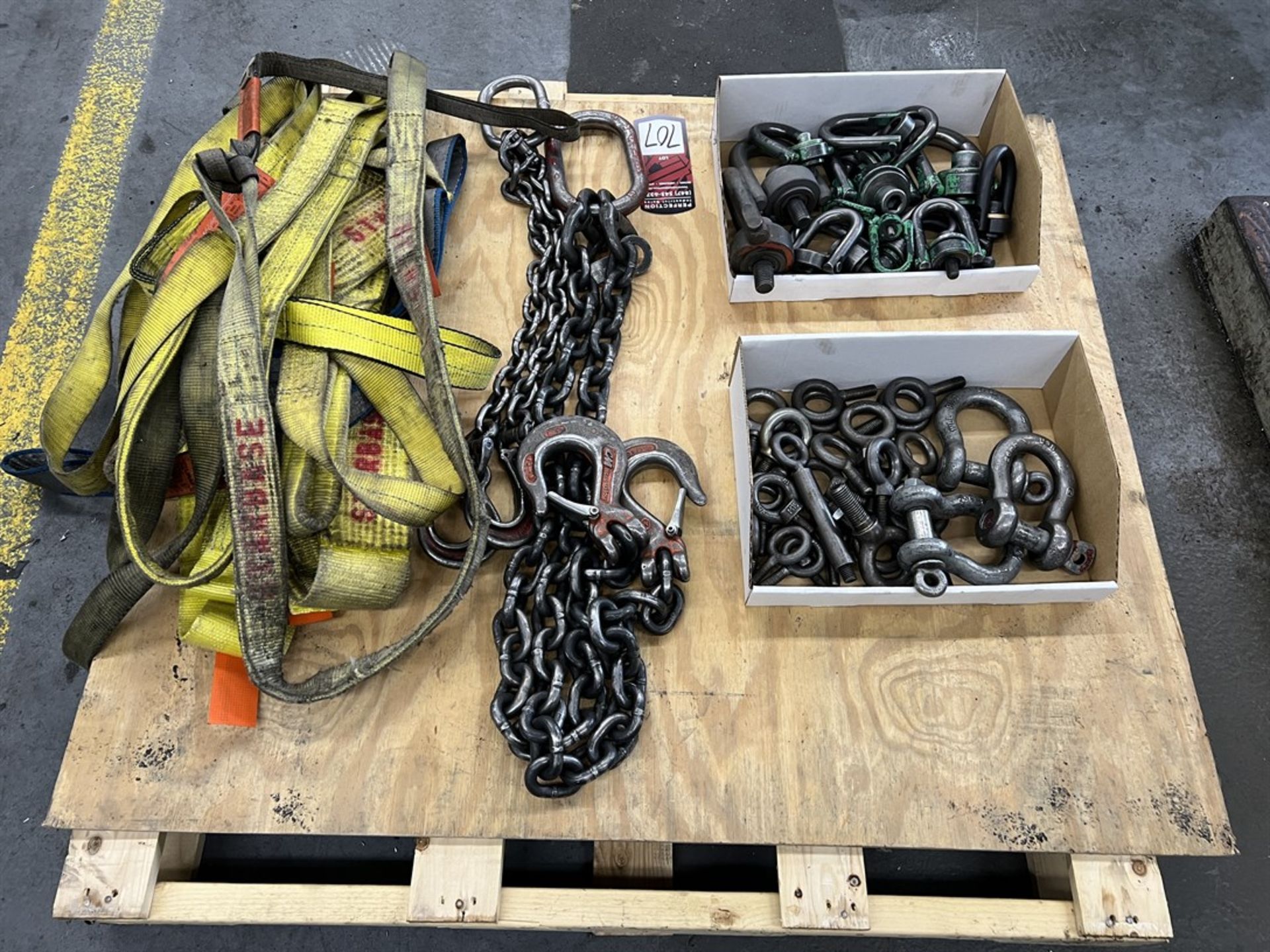 Pallet of Hoist Rings, Eye-Bolts, Nylon Slings and Lifting Chain