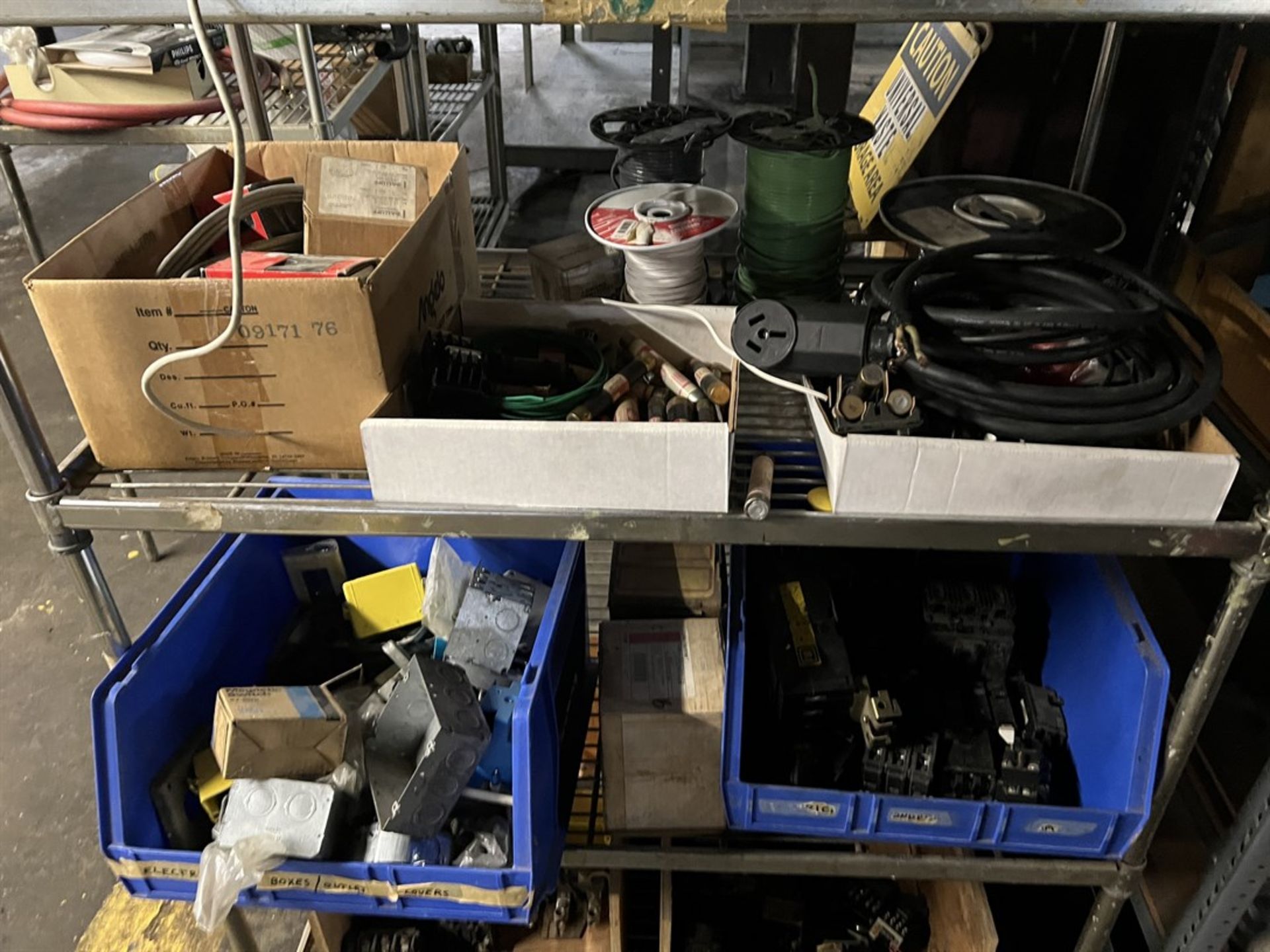 Lot of (2) Shelving Units w/ Assorted Electrical Supplies Including Fuses, Boxes, Motors, and - Image 4 of 8