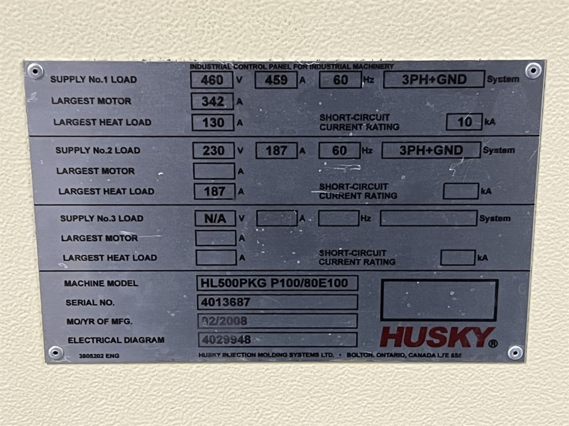 2008 HUSKY HYLECTRIC 500 HL500PKG P100/80E100 Injection Molding Machine, s/n 4013687, w/ 500 Ton - Image 13 of 13