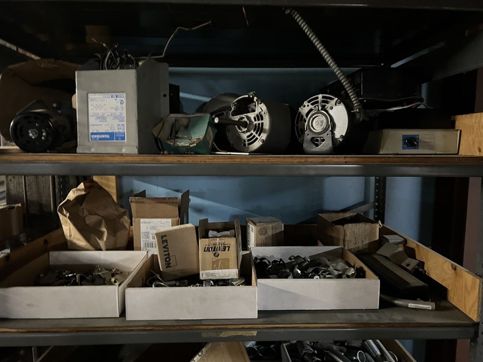 Lot of (2) Shelving Units w/ Assorted Electrical Supplies Including Fuses, Boxes, Motors, and - Image 6 of 8