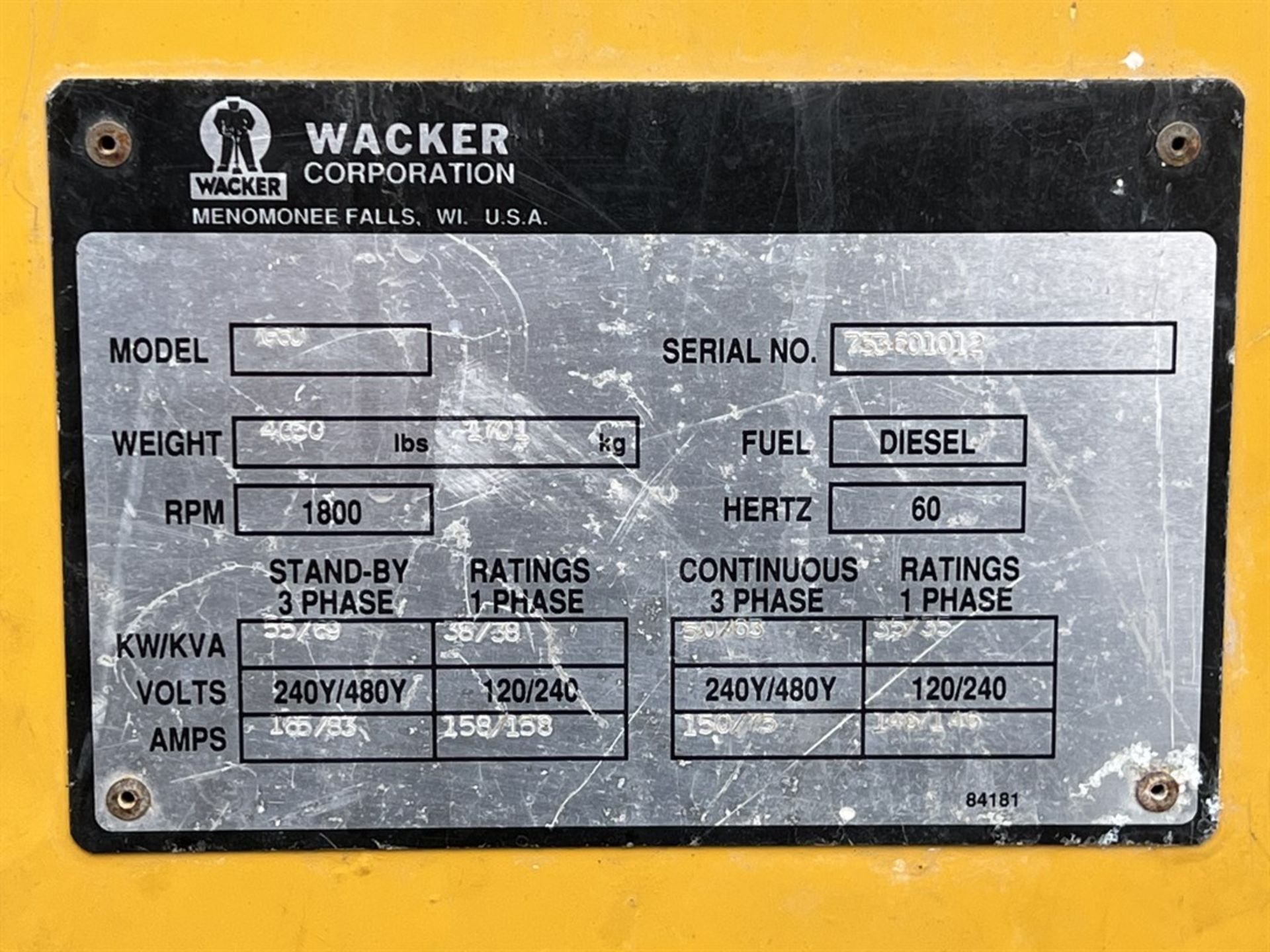 WACKER G60 55 KW Mobile Generator, s/n 753-601012, Diesel, 69 KVA - Image 7 of 8