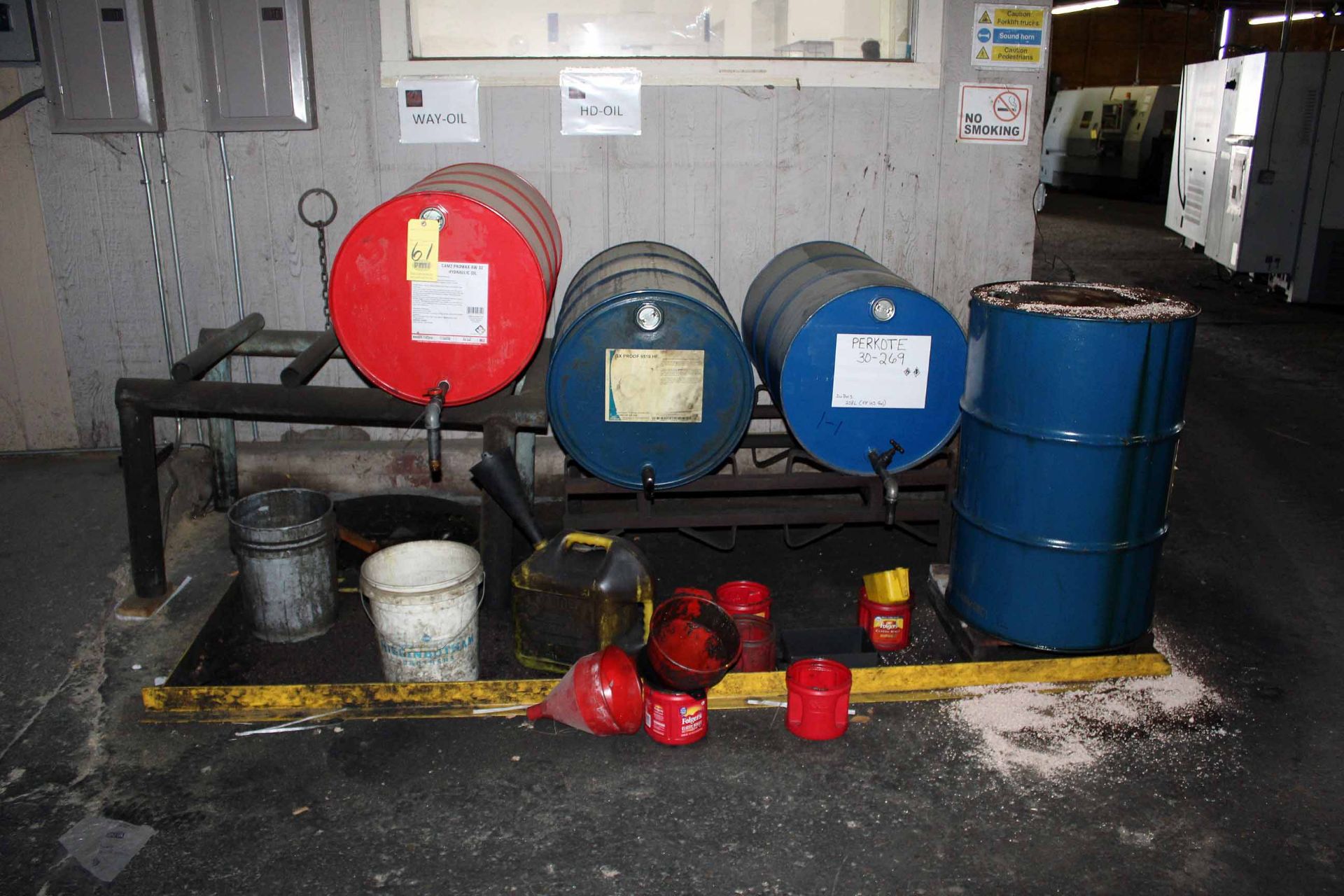 LOT OF 50 GAL. DRUMS CONSISTING OF: way oil, hyd. oil, perkote w/containment skid