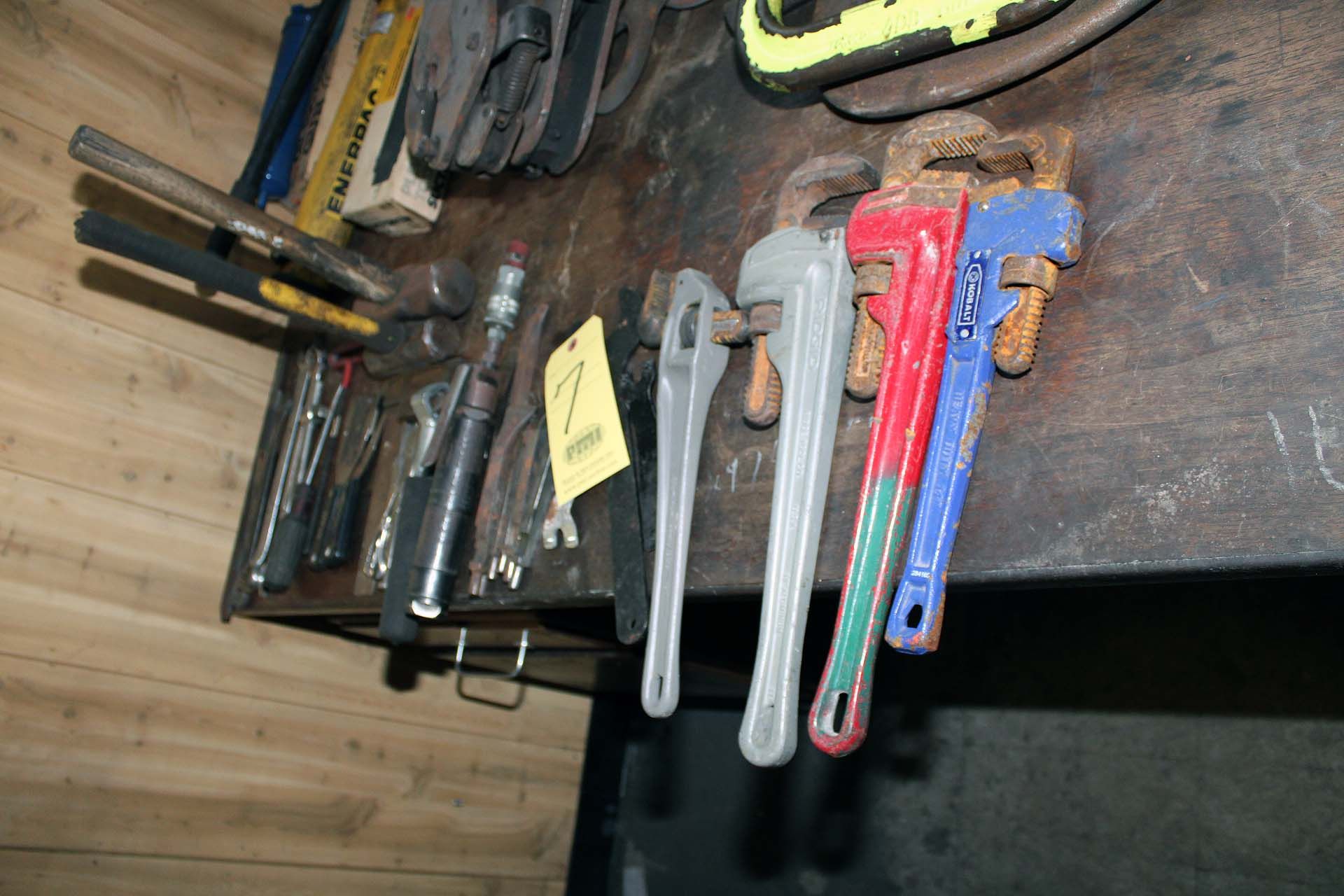LOT CONSISTING OF: (4) pipe wrenches, (2) C-clamps, (1) chisel scaler w/chisels, hammers, wrenches &