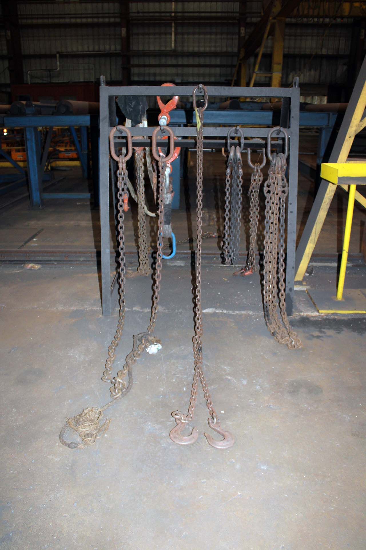 LOT OF CHAIN SLINGS (approx. 8), w/rack