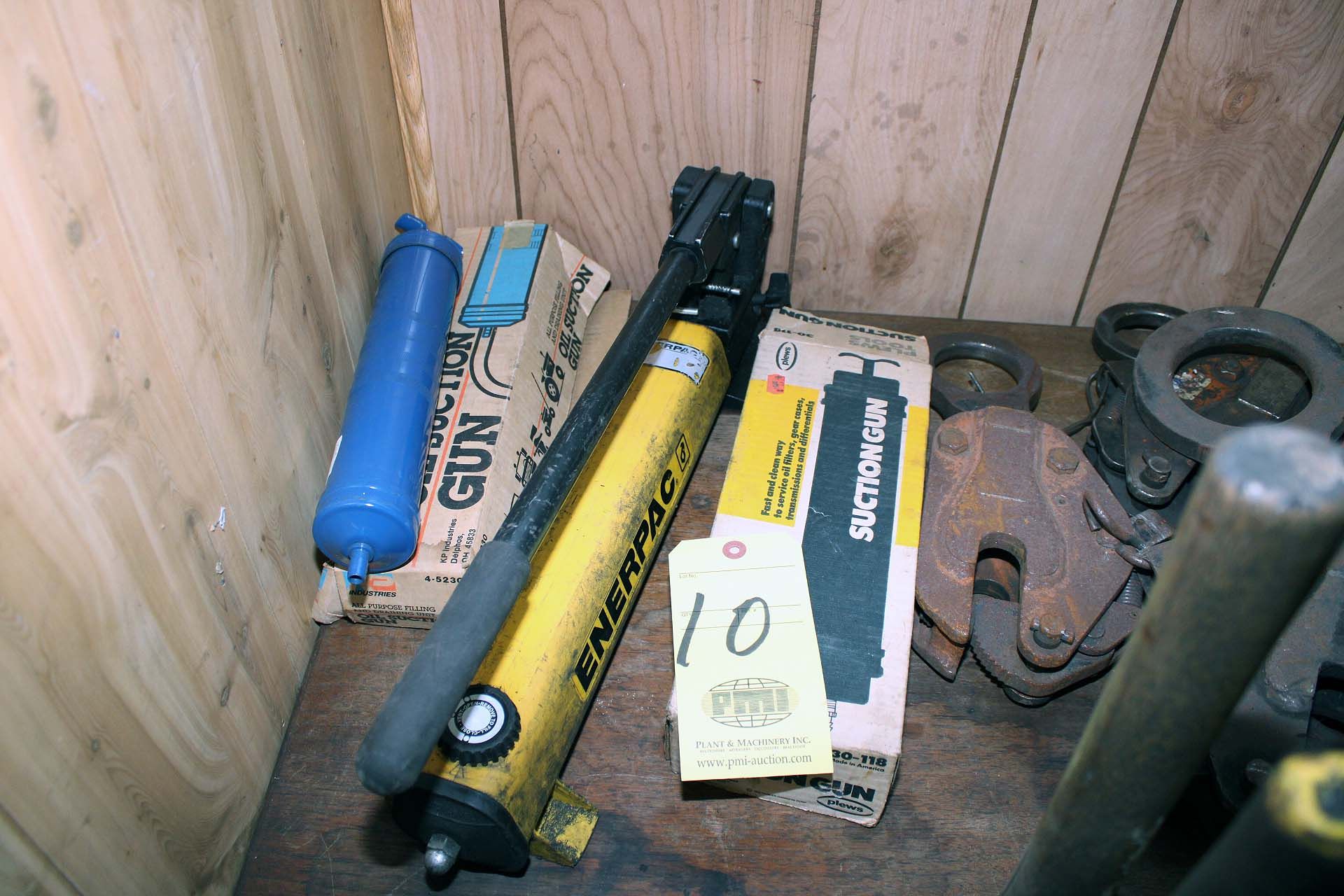 LOT CONSISTING OF: (1) Enerpac hand pump, (2) suction guns, (2) 1" plate clamps, (3) 1-1/2" plate - Image 3 of 4