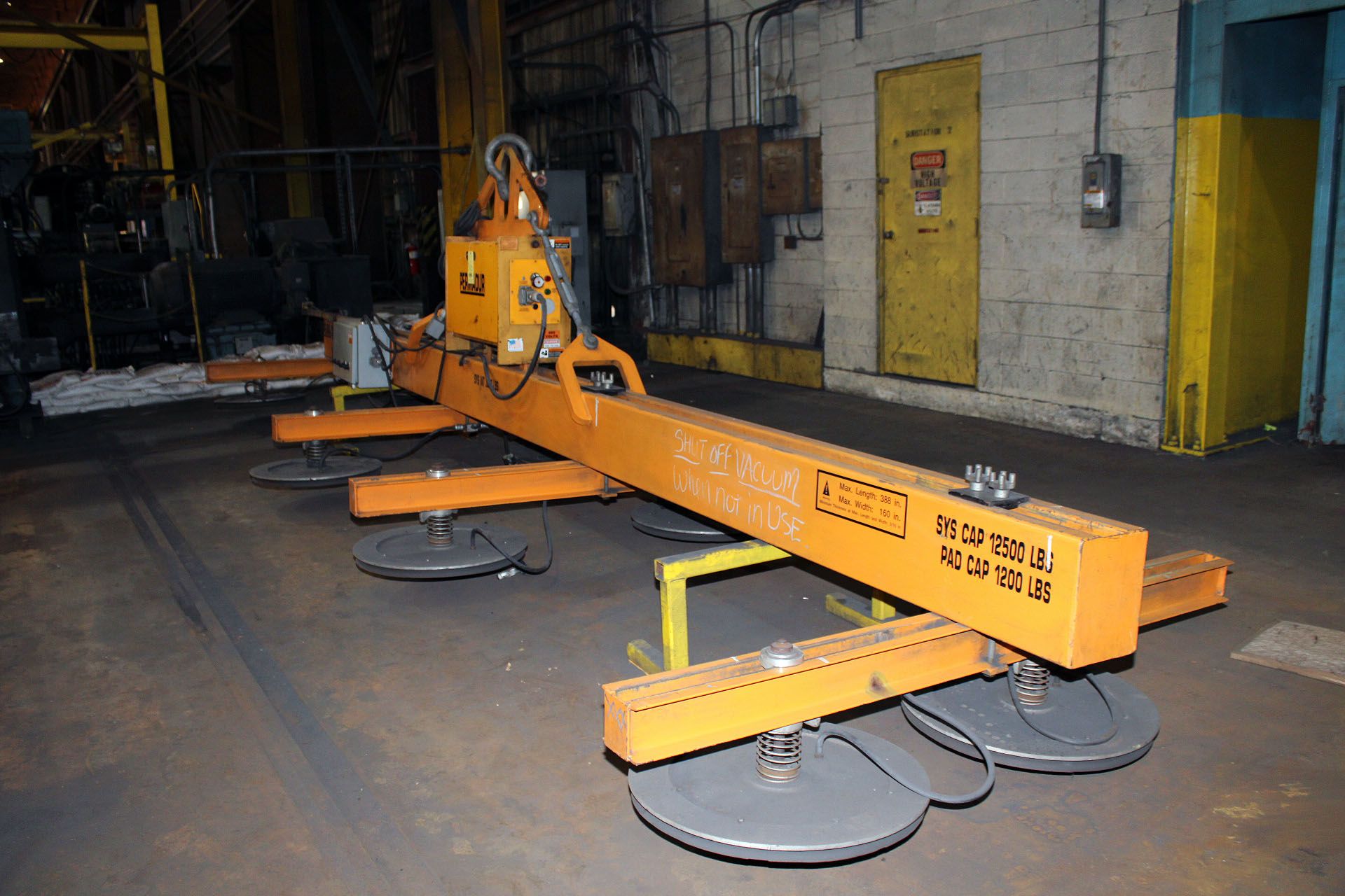 VACUUM PLATE LIFTER, PERMADUR MDL. SERIES 408 SYSTEM, 1,500 pwr. pack, 388” max. length & 106”