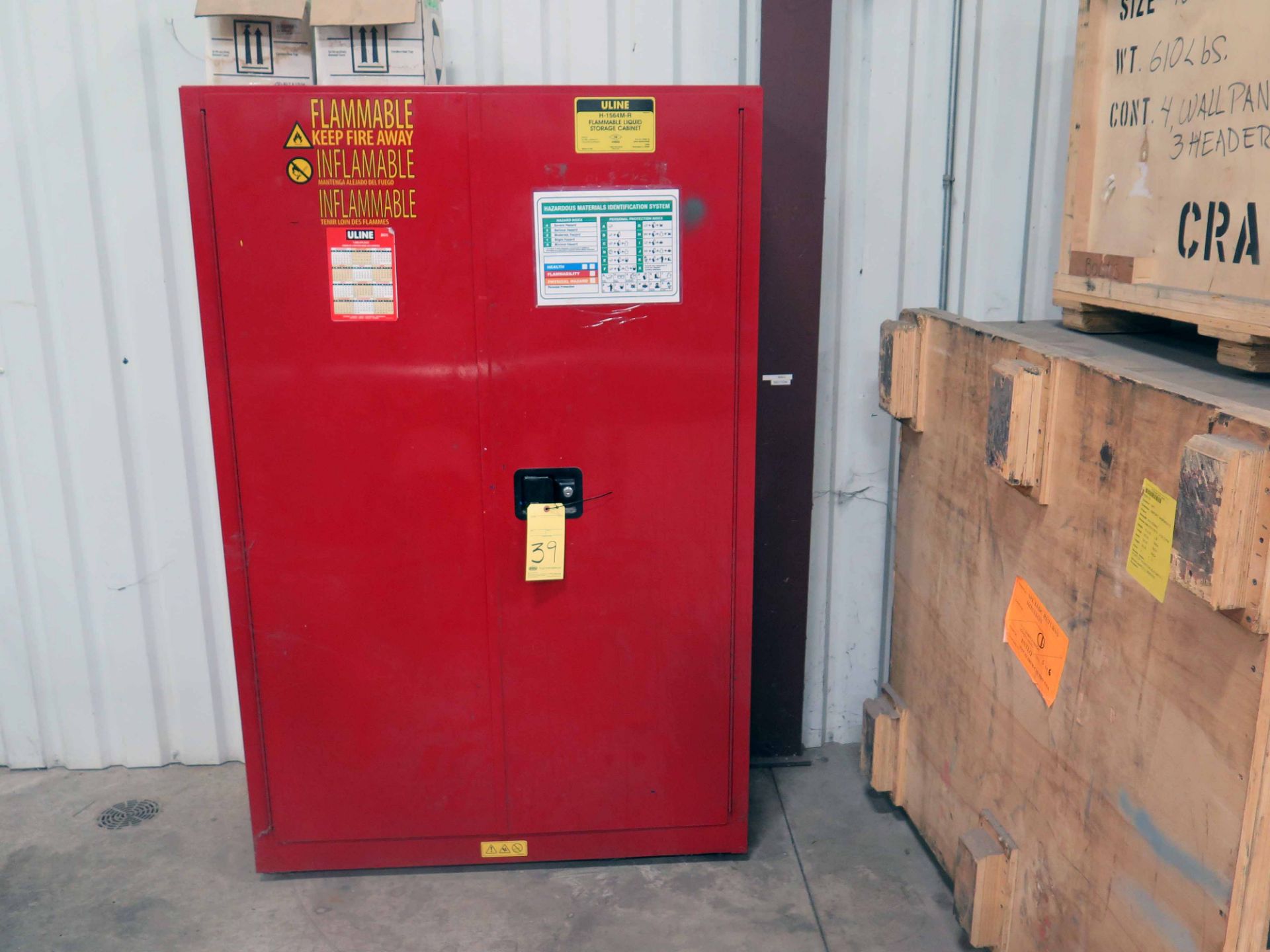 FLAMMABLE LIQUID STORAGE CABINET, ULINE H-1565 M-R, 45 gal. cap.